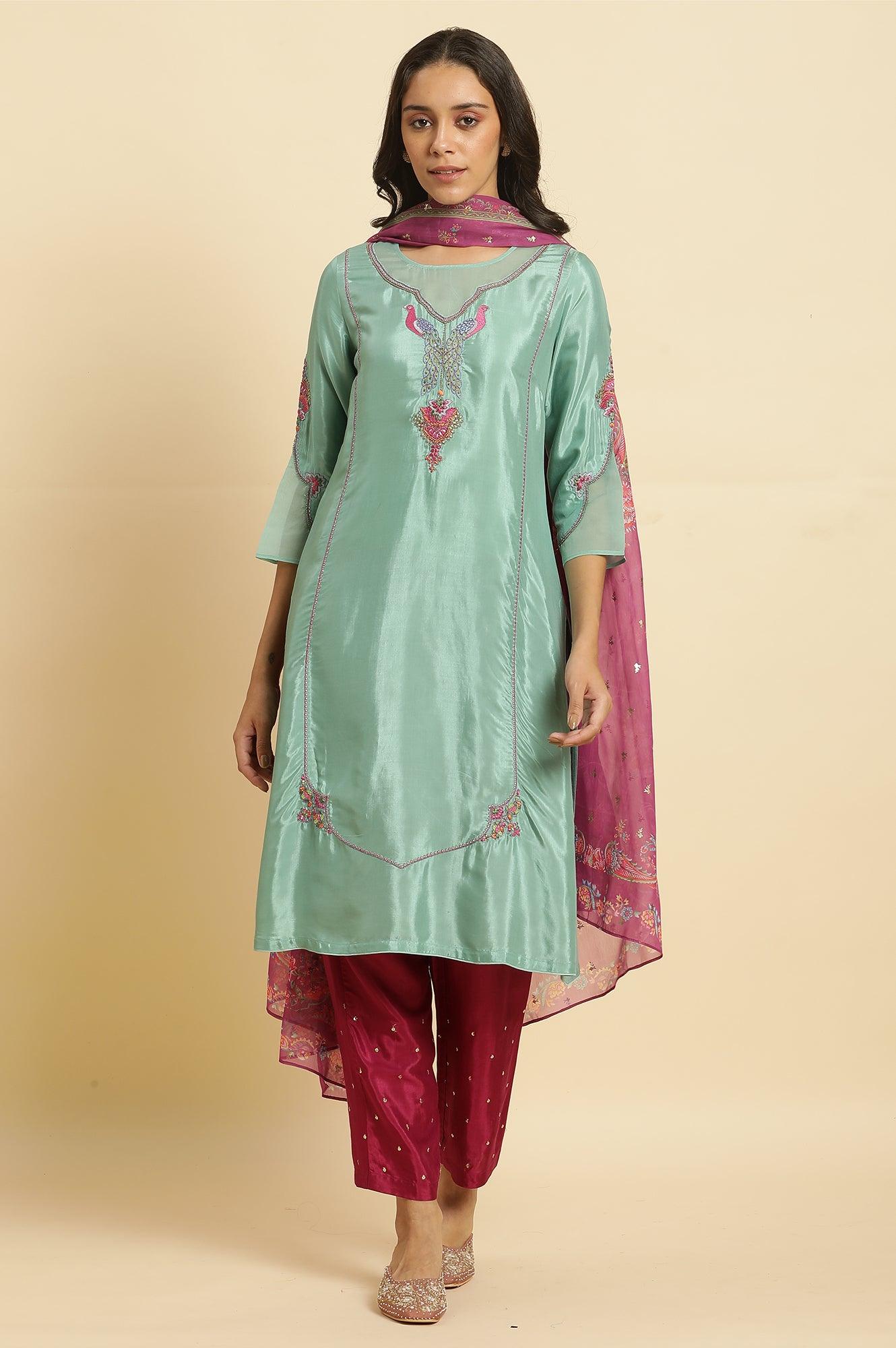 Sea Green Embroidered Kurta, Pants & Dupatta Set - wforwoman
