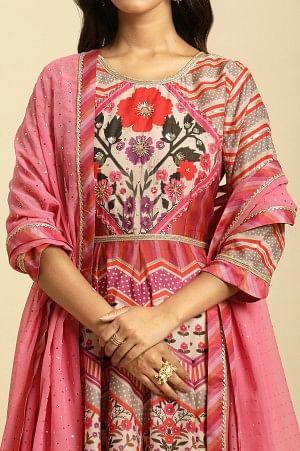 Multi-Coloured Floral Printed Anarkali Dress And Dupatta Set - wforwoman