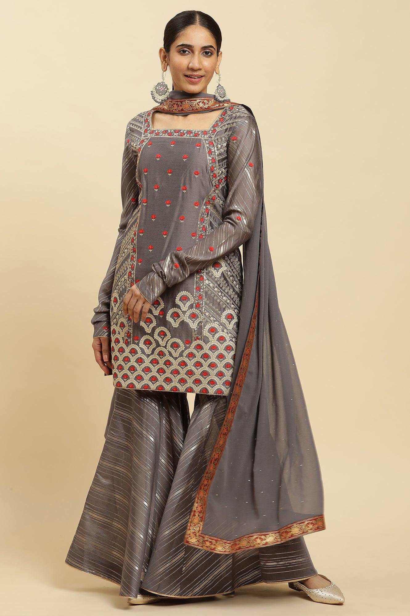 Buy Light Grey Embroidered Heavy Festive Kurta And Sharara And