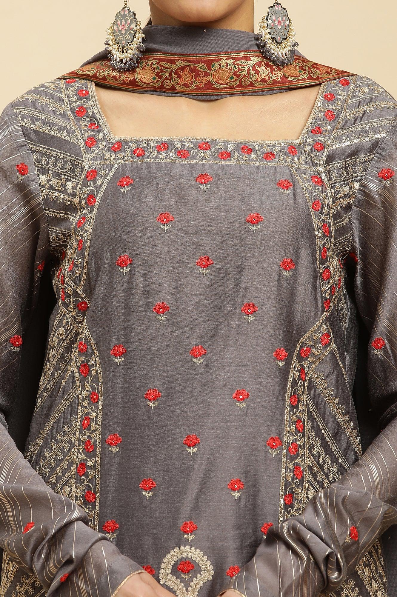 Light Grey Embroidered Heavy Festive Kurta And Sharara And Dupatta Set - wforwoman