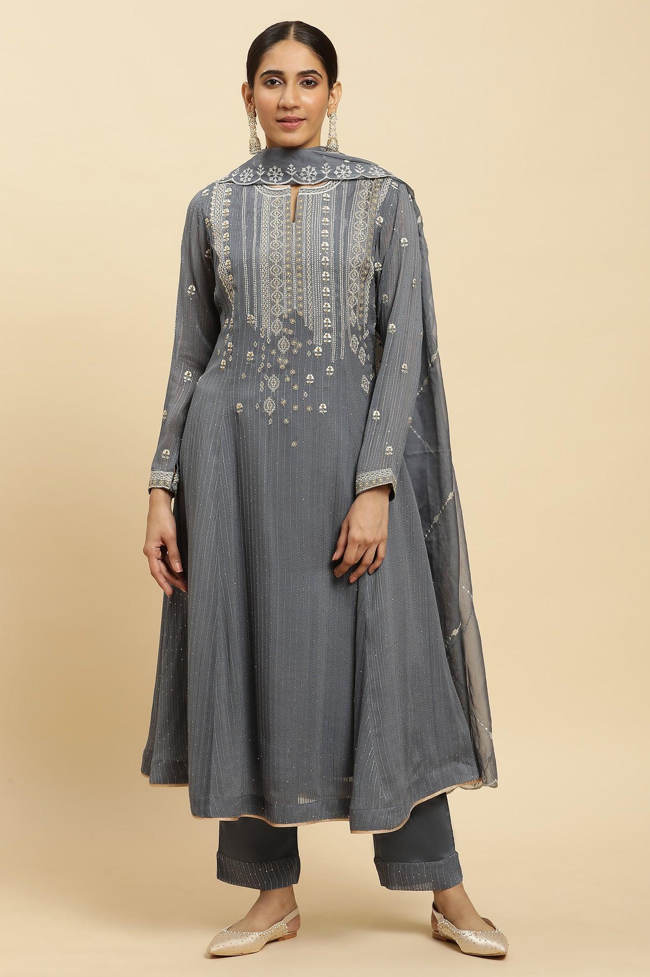 Light Grey Heavy Embroidered Anarkali Kurta, Pants And Dupatta Set - wforwoman