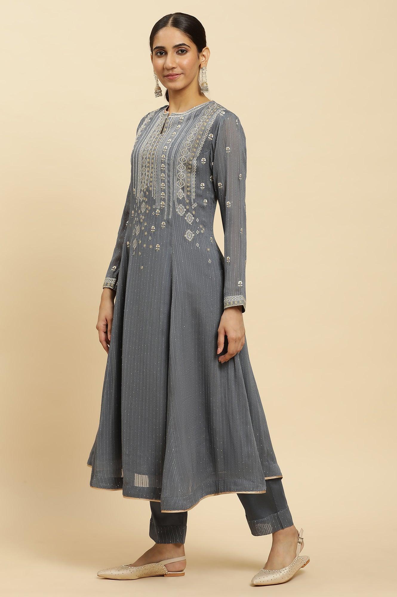 Light Grey Heavy Embroidered Anarkali Kurta, Pants And Dupatta Set - wforwoman