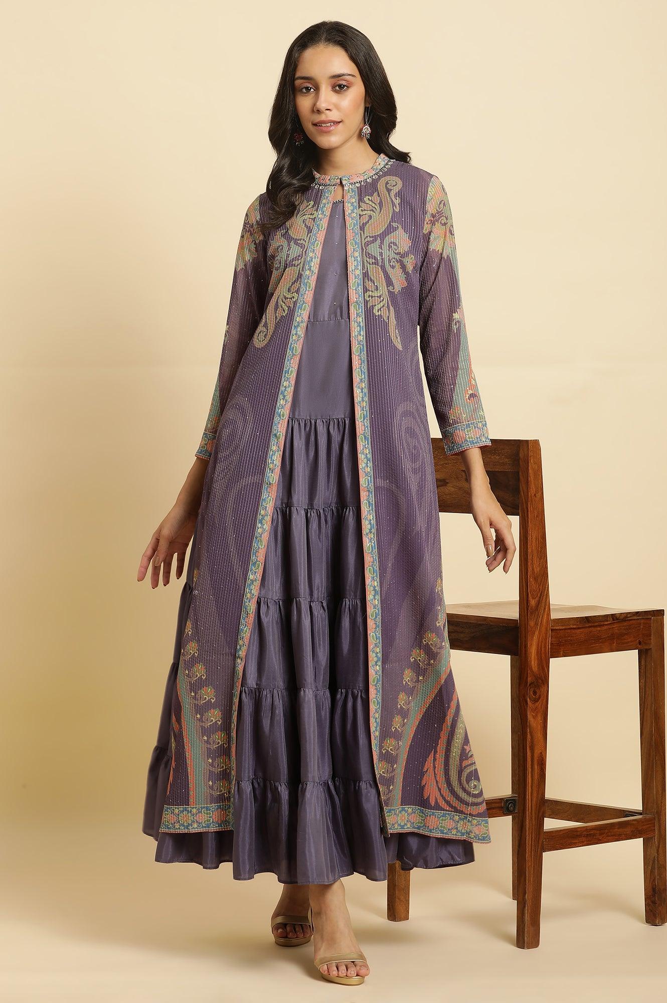 Purple Embellished Georgette Gilet And Tiered Dress - wforwoman