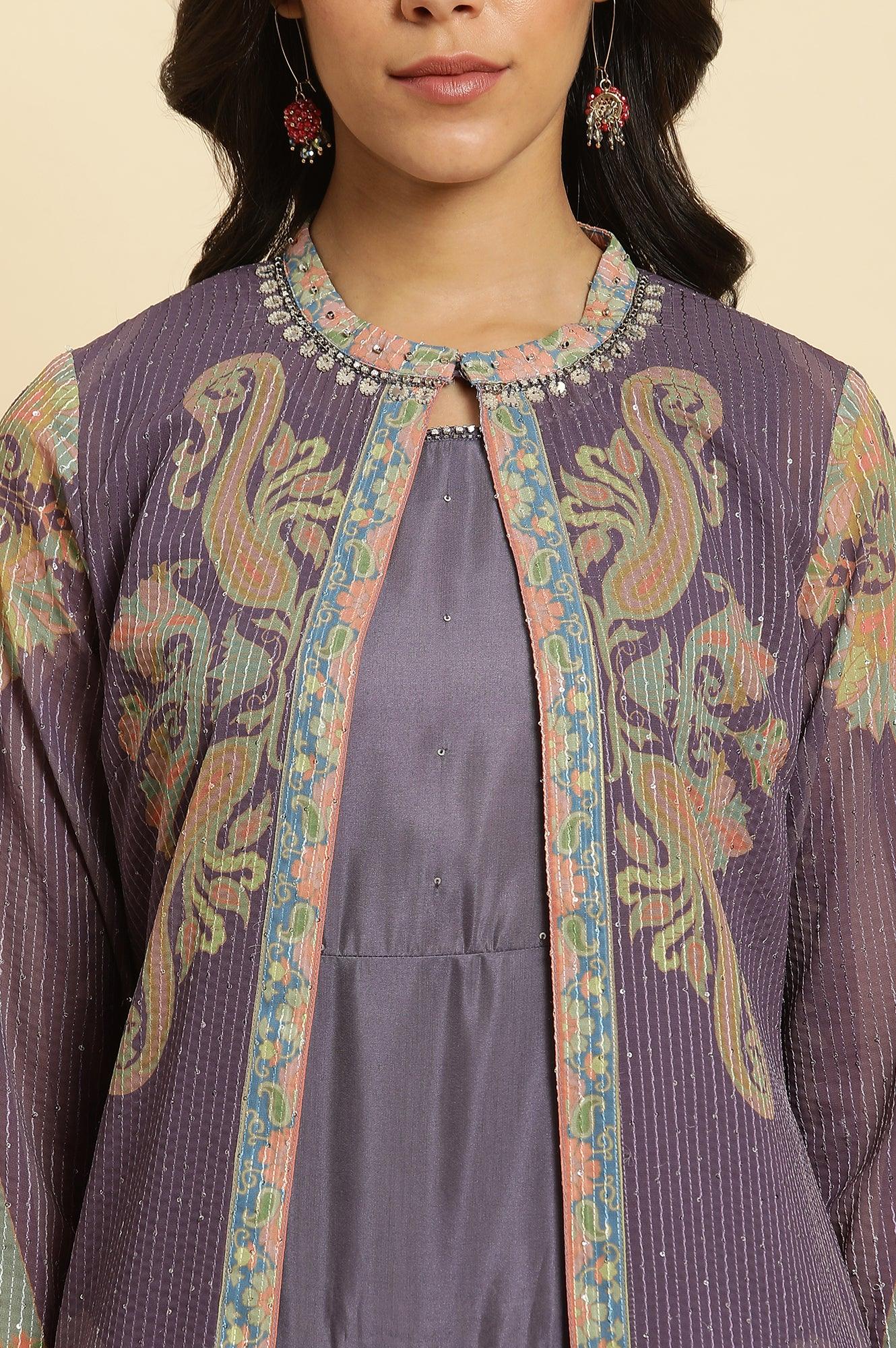 Purple Embellished Georgette Gilet And Tiered Dress - wforwoman