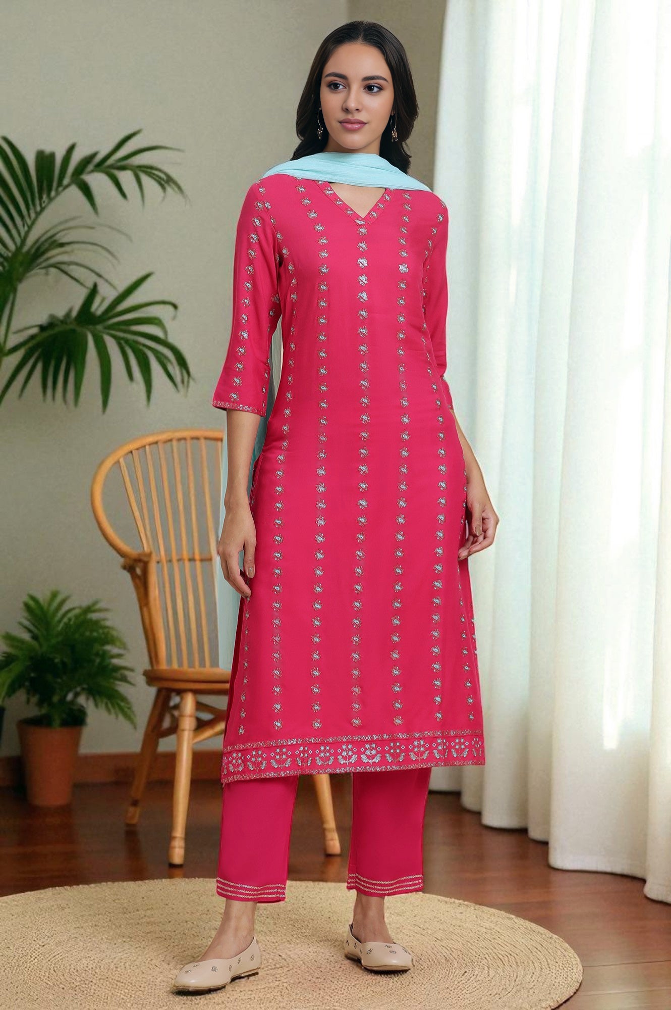 Pink Embellished Festive Kurta, Pants And Dupatta Set