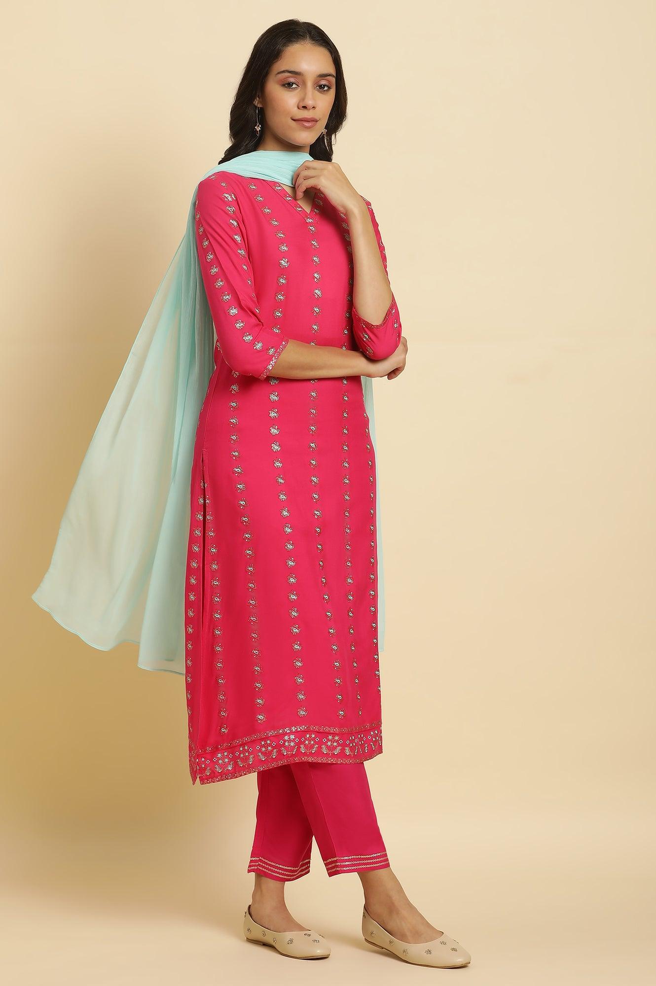 Pink Embellished Festive Kurta, Pants And Dupatta Set - wforwoman