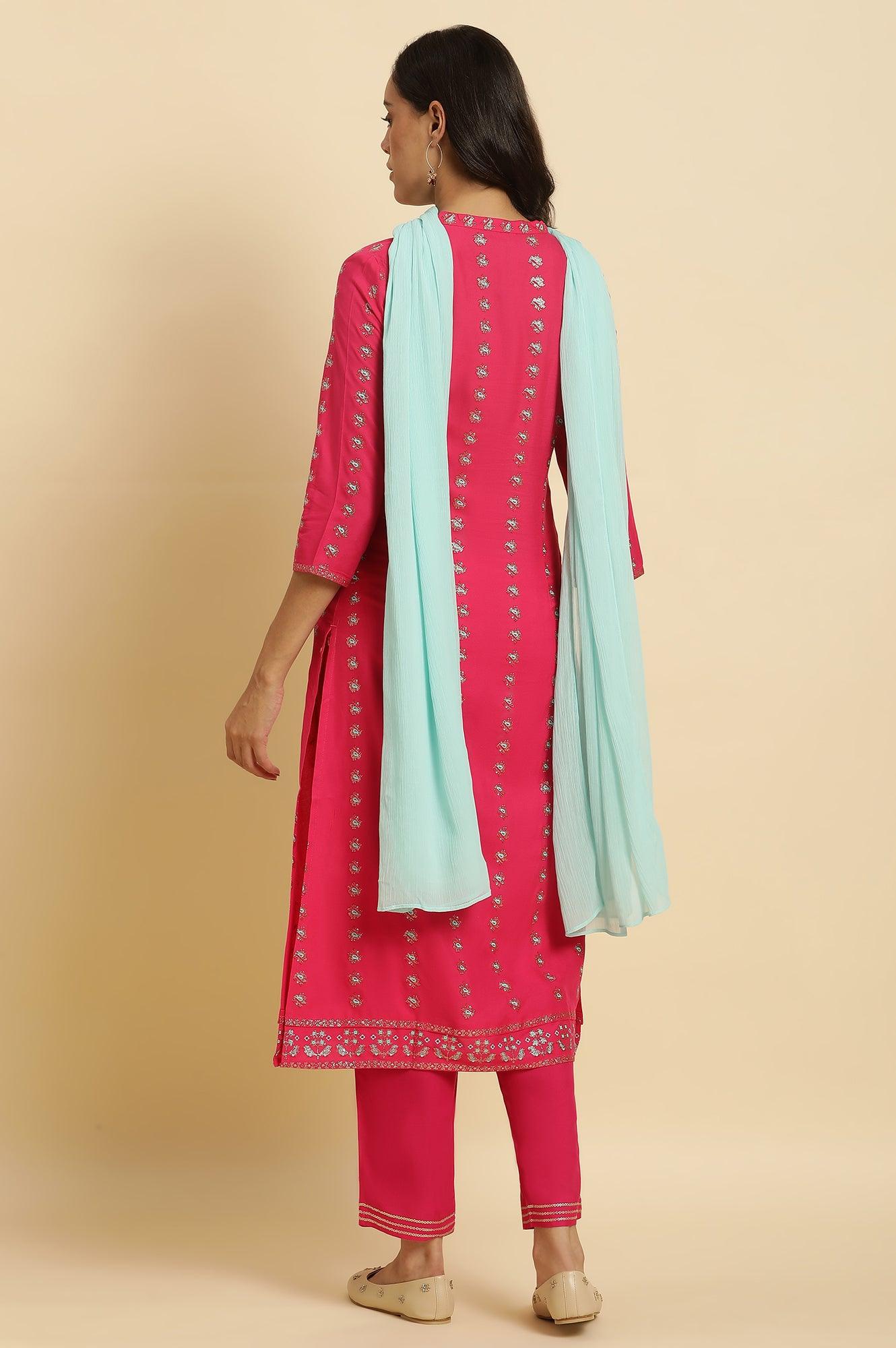 Pink Embellished Festive Kurta, Pants And Dupatta Set - wforwoman