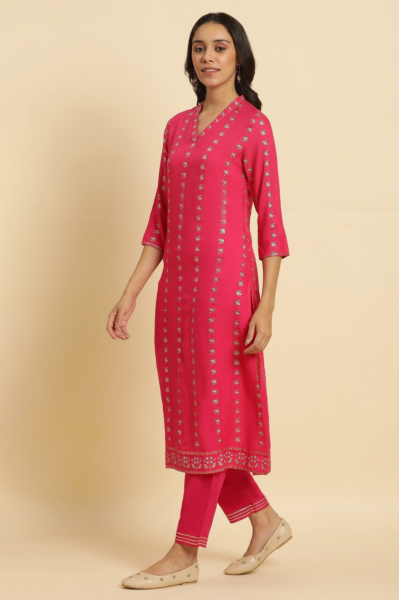 Pink Embellished Festive Kurta, Pants And Dupatta Set - wforwoman