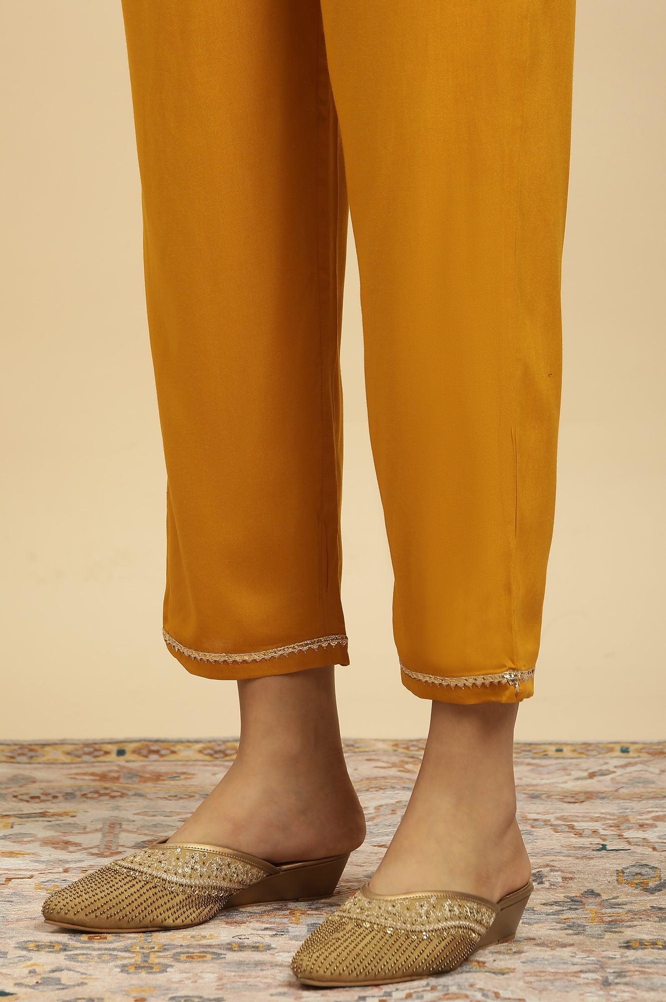 Yellow Embellished Shantung Kurta, Pants And Dupatta Set - wforwoman