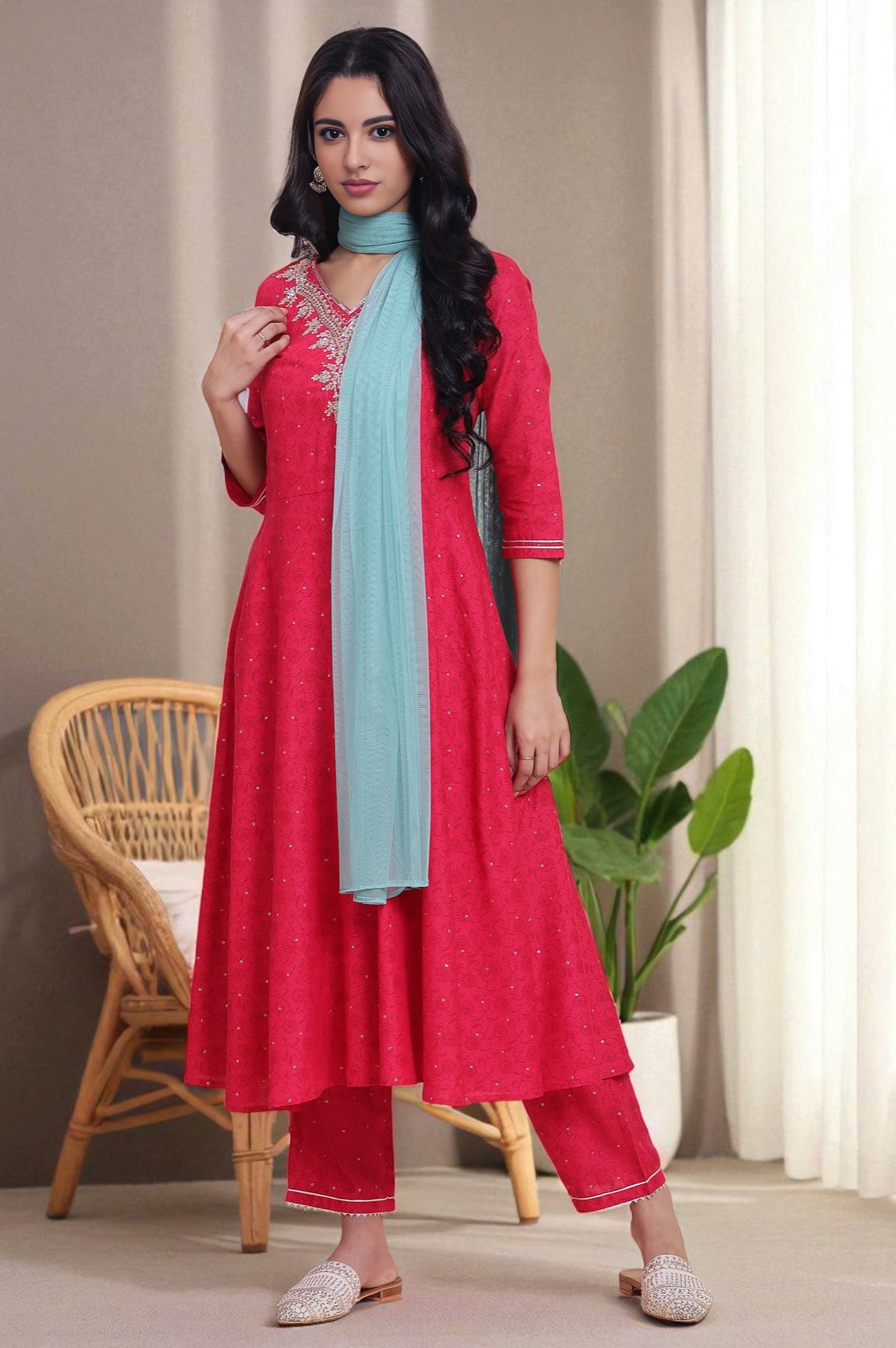 Buy Pink Metallic Embroidered A-Line Kurta, Pants And Dupatta Set