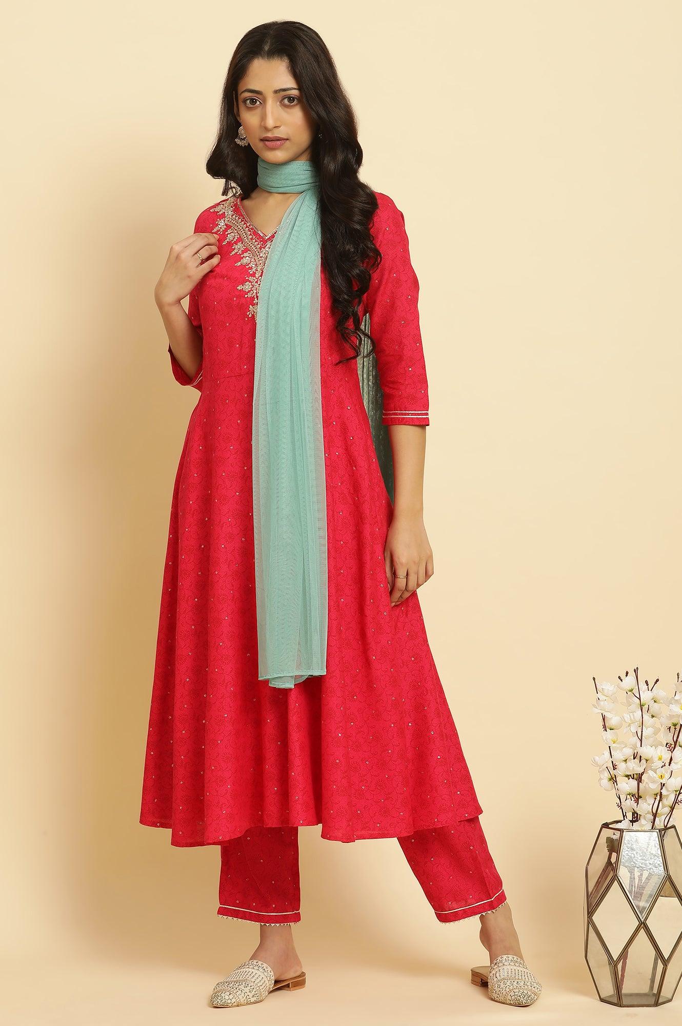 Pink Metallic Embroidered A-Line Kurta, Pants And Dupatta Set - wforwoman