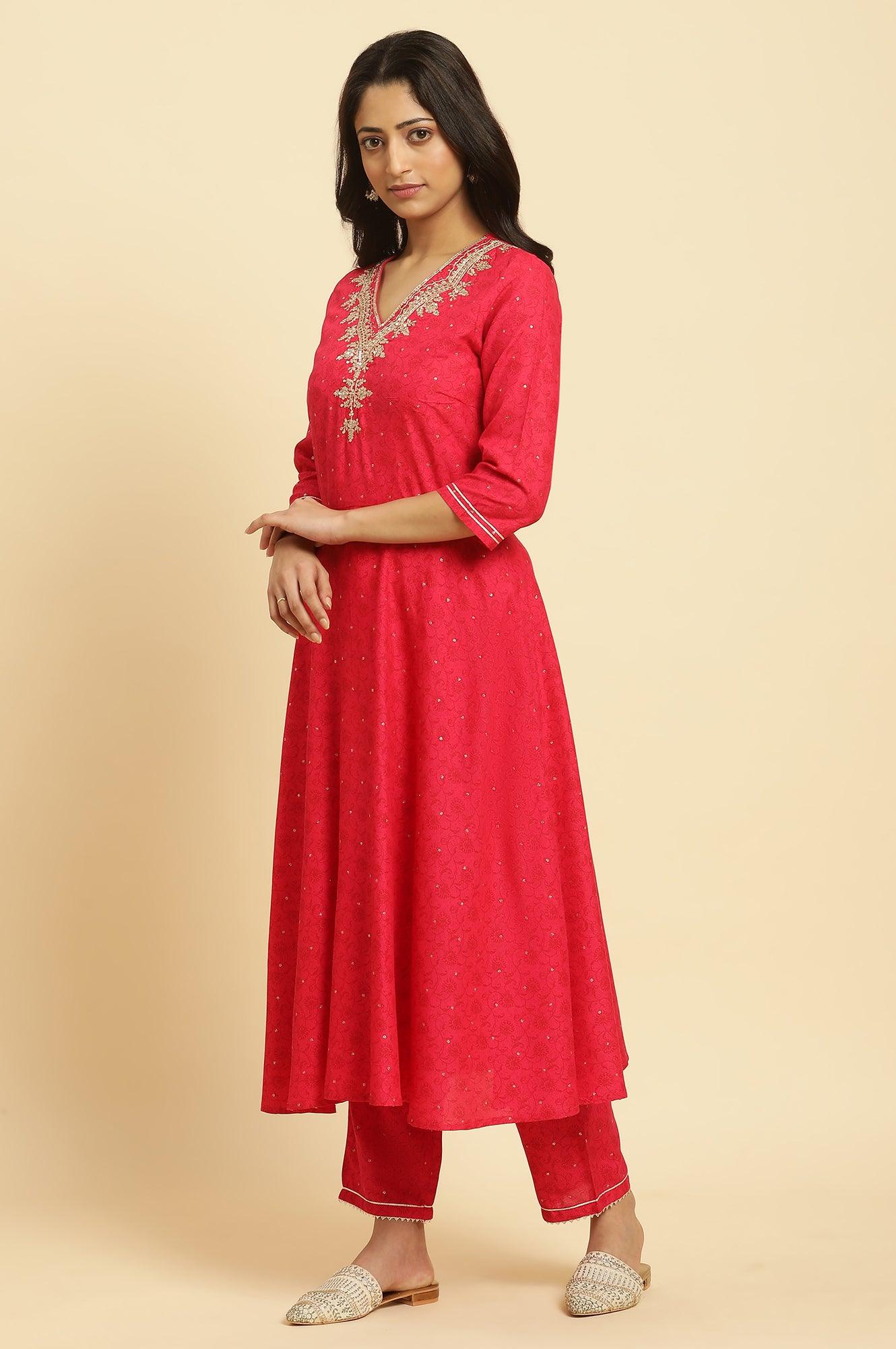 Pink Metallic Embroidered A-Line Kurta, Pants And Dupatta Set - wforwoman