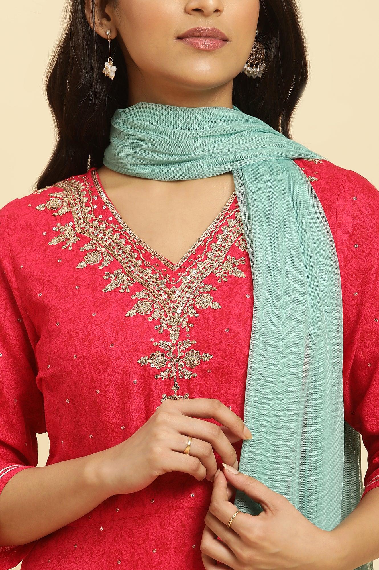 Pink Metallic Embroidered A-Line Kurta, Pants And Dupatta Set - wforwoman