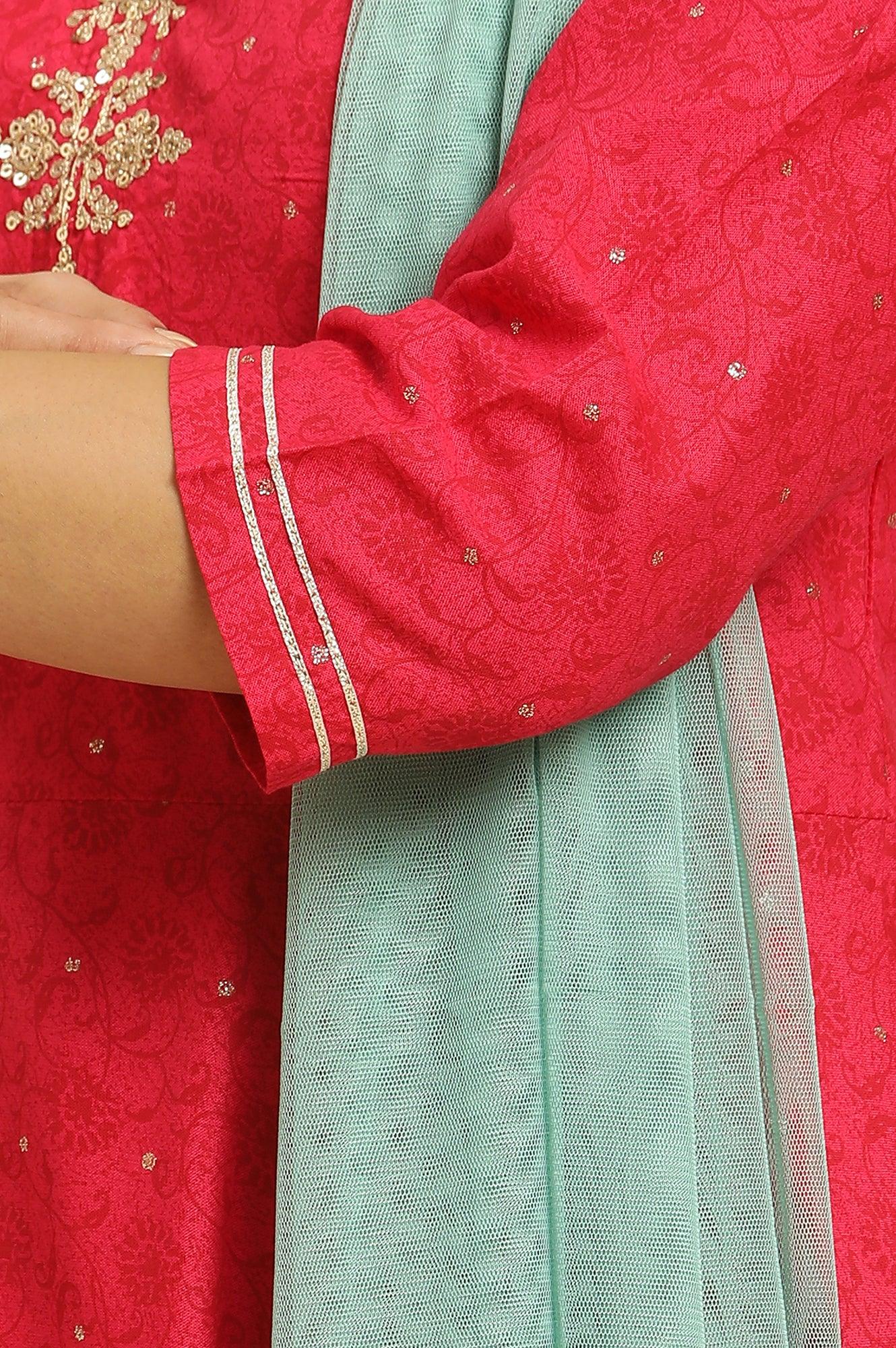 Pink Metallic Embroidered A-Line Kurta, Pants And Dupatta Set - wforwoman