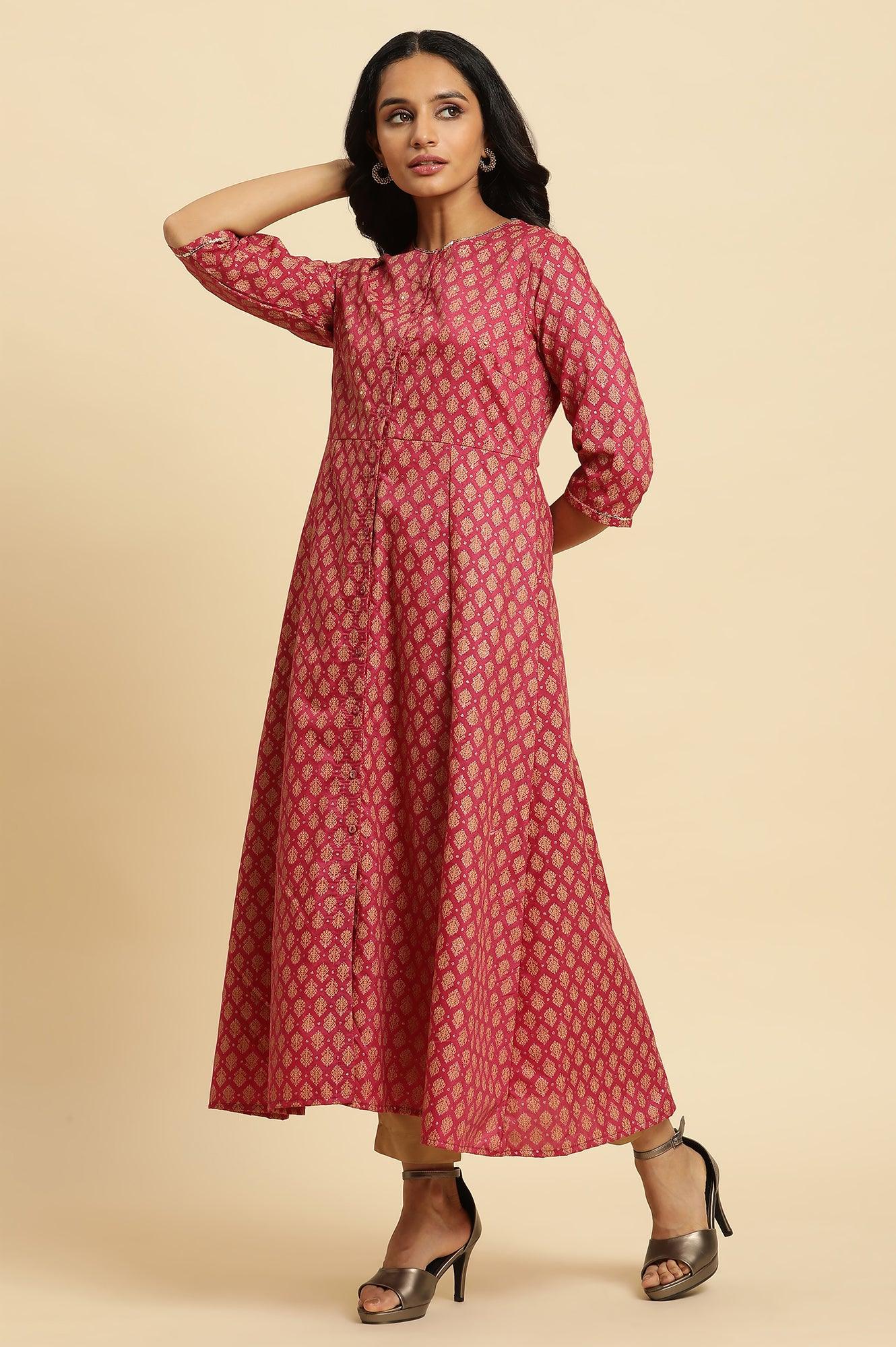 Maroon Flared Festive Kurta, Pants And Organza Dupatta Set - wforwoman