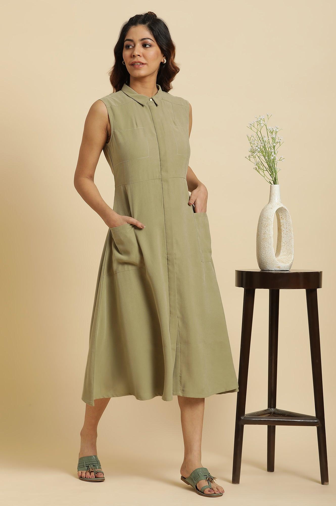 Green Solid A-Line Tailored Long Dress - wforwoman