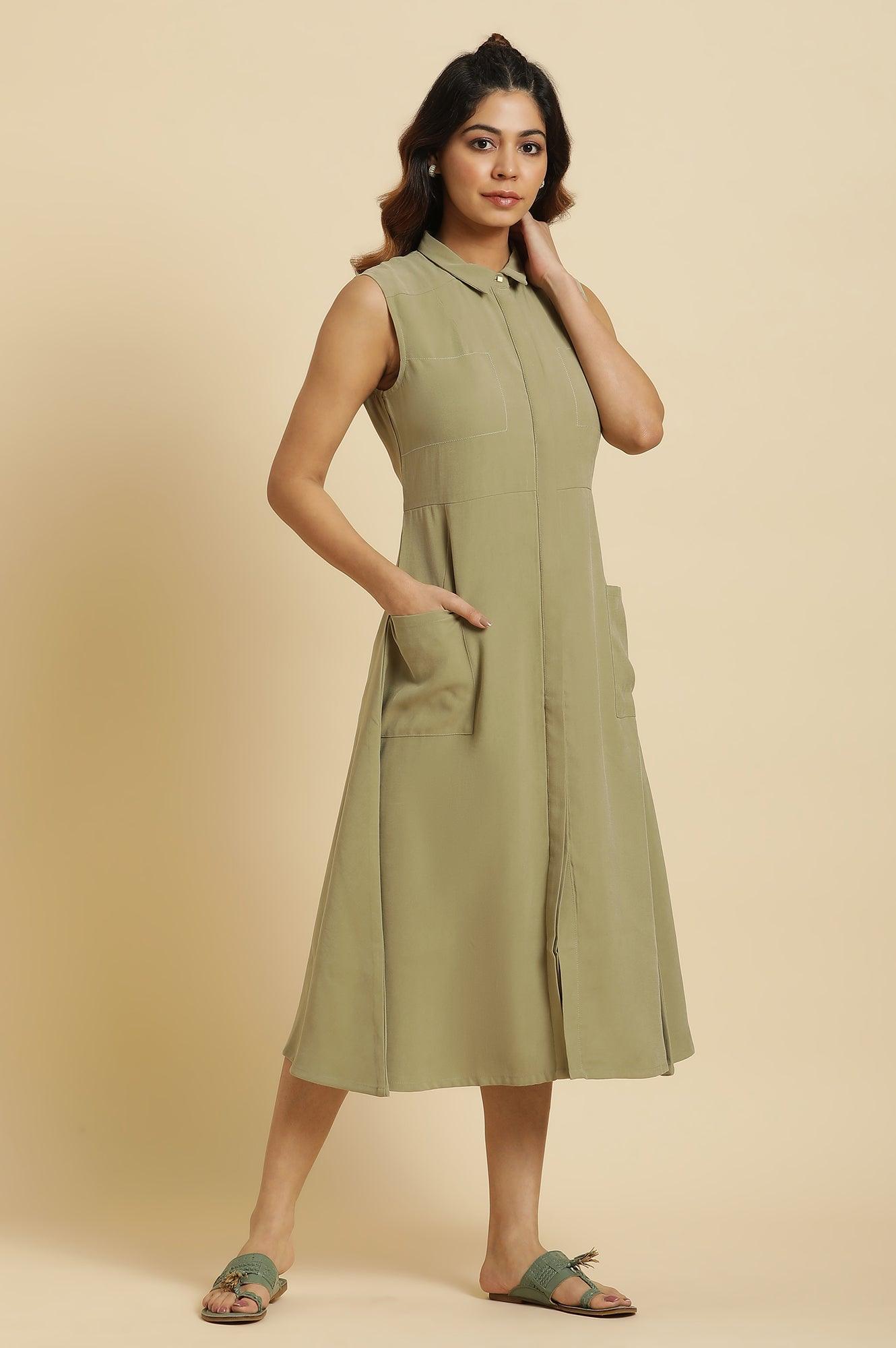 Green Solid A-Line Tailored Long Dress - wforwoman