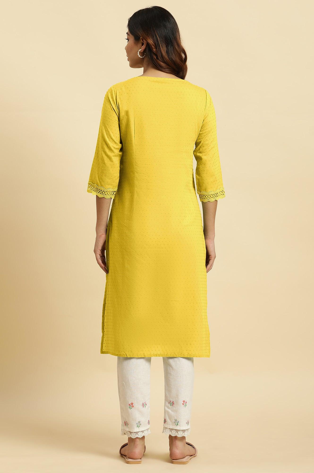 Yellow Cotton Swiss Dot Embroidered Kurta - wforwoman