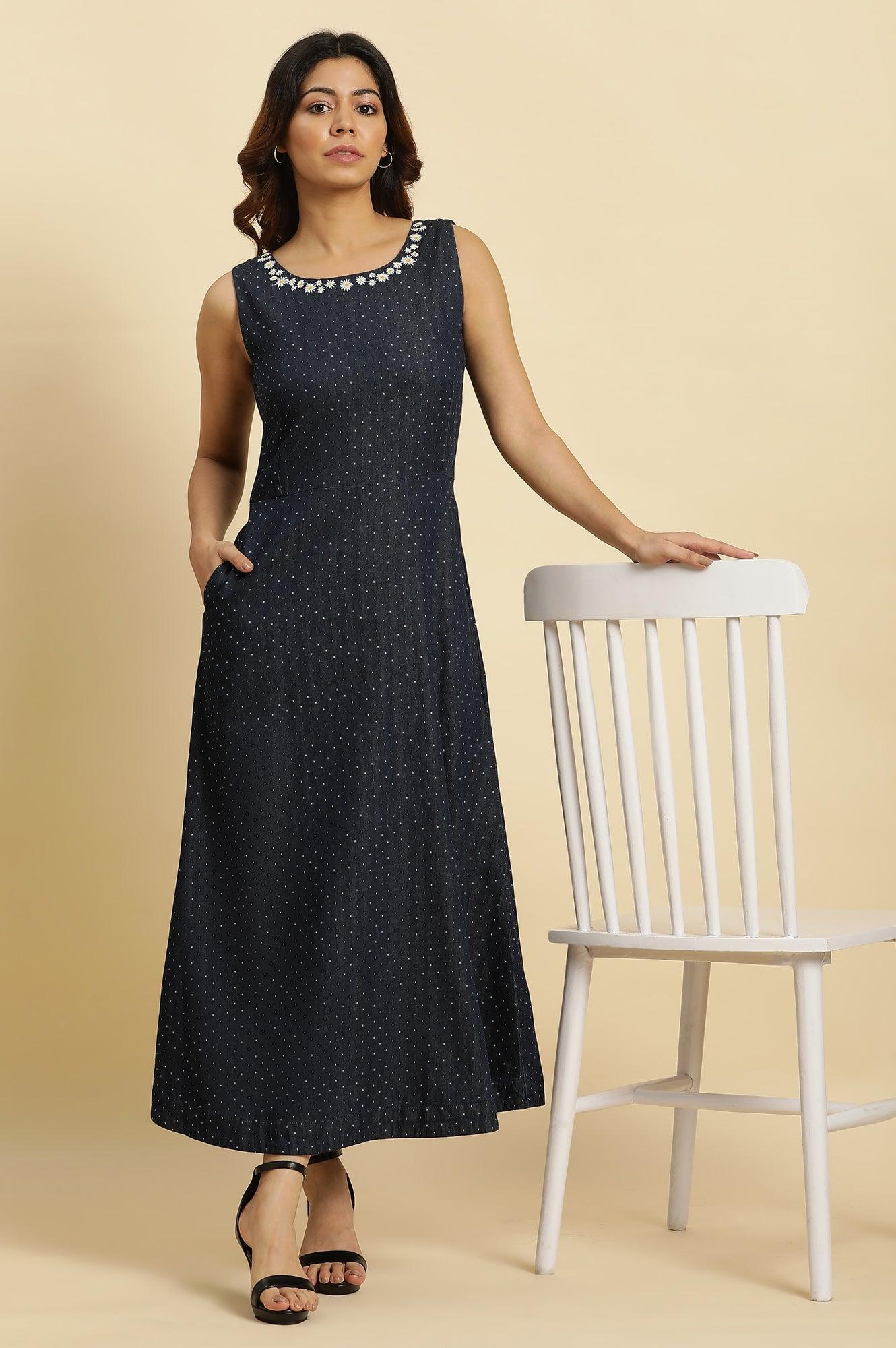 Buy Blue Cotton Sleeveless Embroidered Western Dress Online for Woman