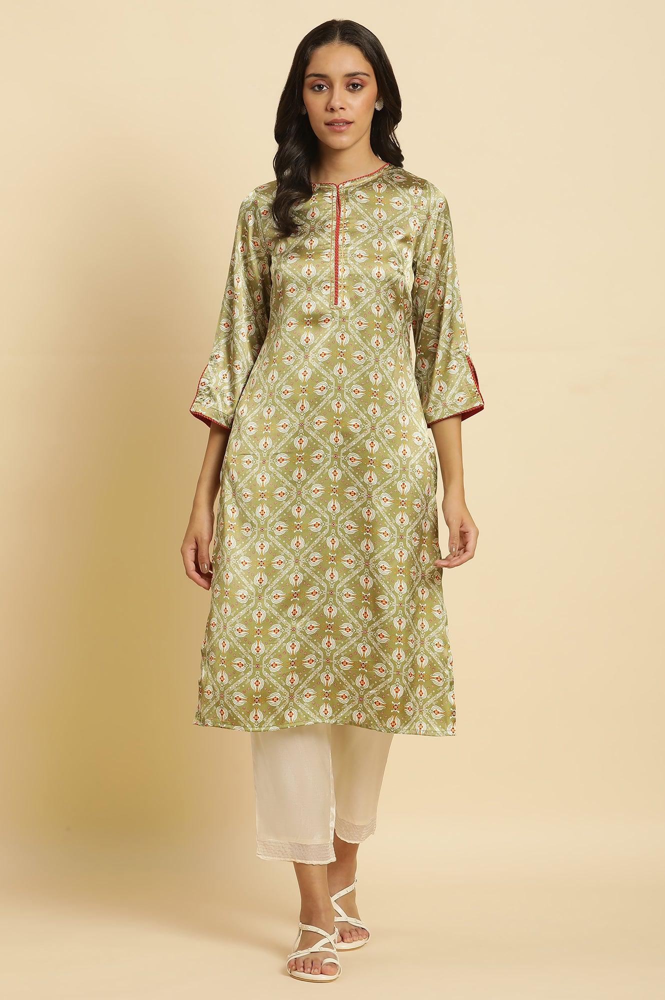 Pistachio Green Japanese Satin Festive Kurta - wforwoman