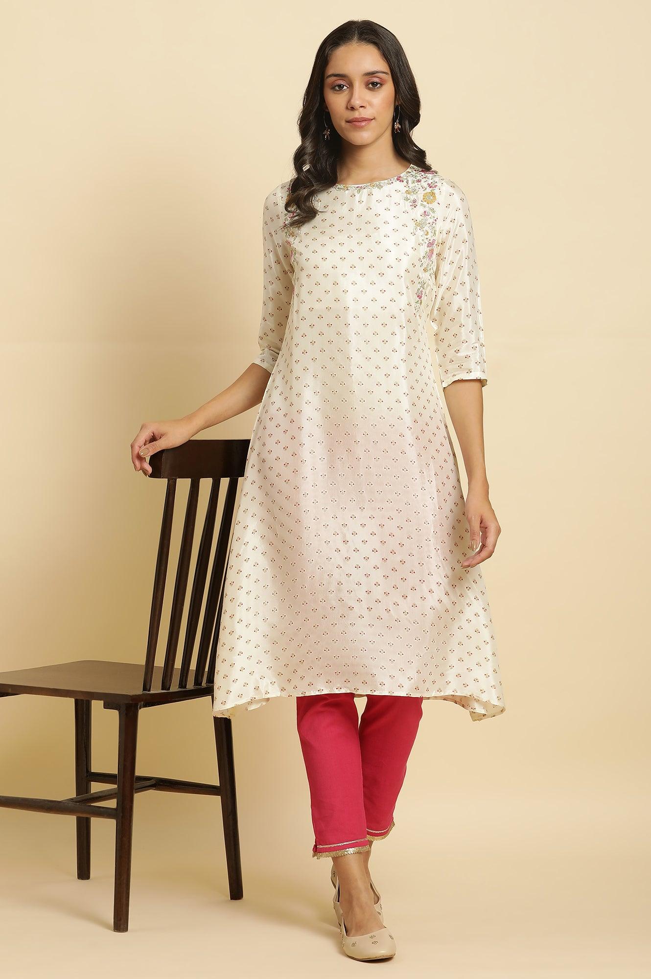 Ecru A-Line Embroidered Festive Kurta - wforwoman