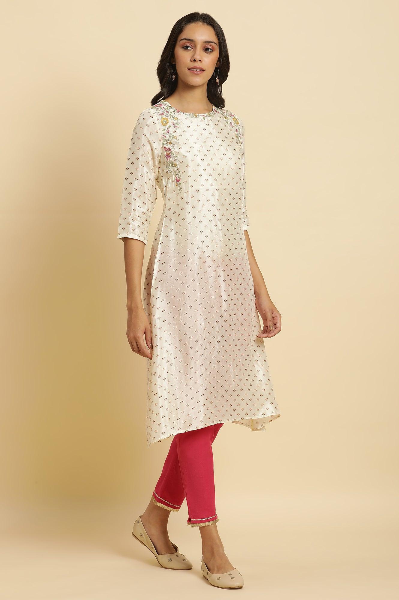 Ecru A-Line Embroidered Festive Kurta - wforwoman
