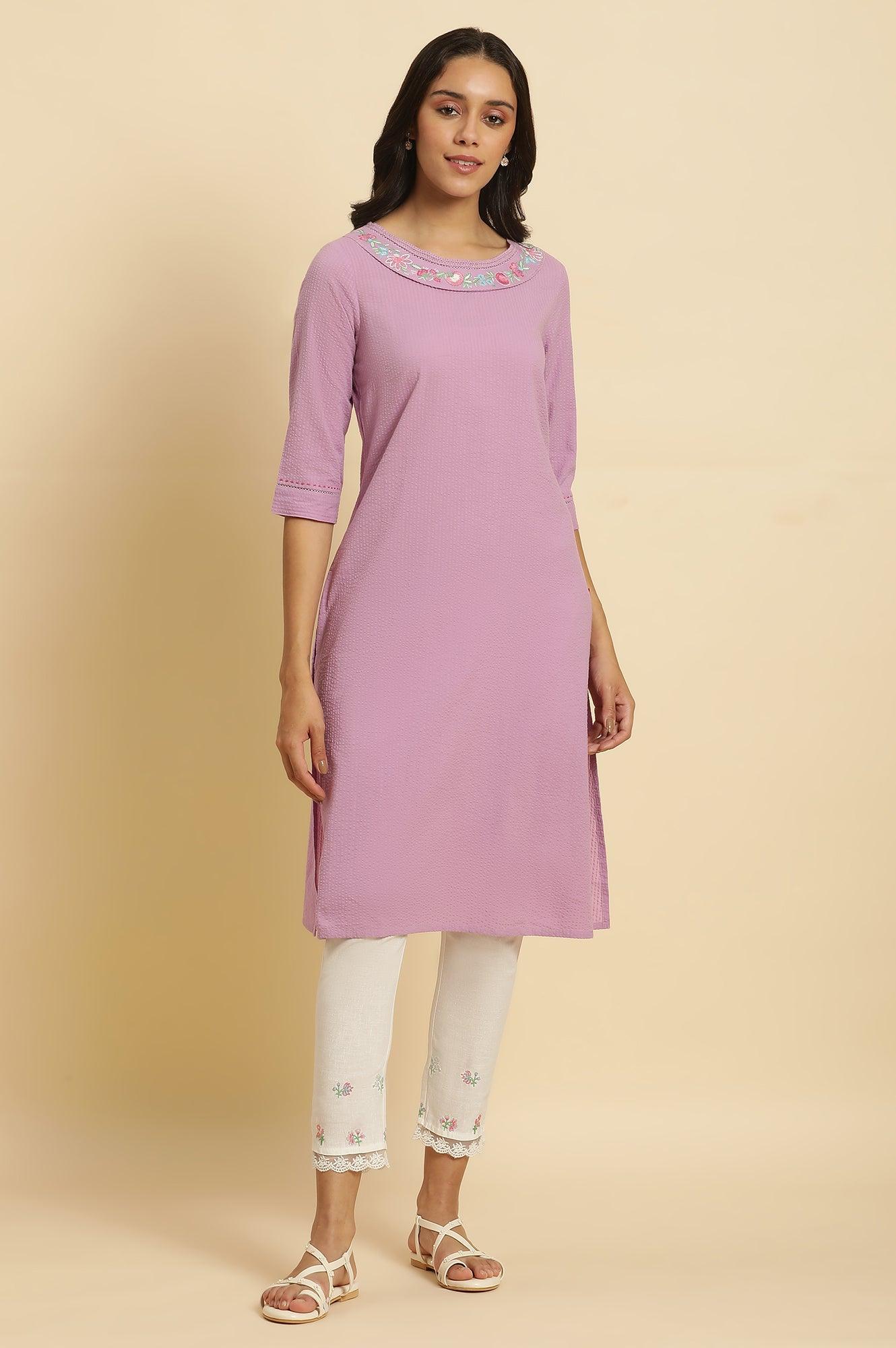 Light Purple Seer Sucker Embroidered Kurta - wforwoman