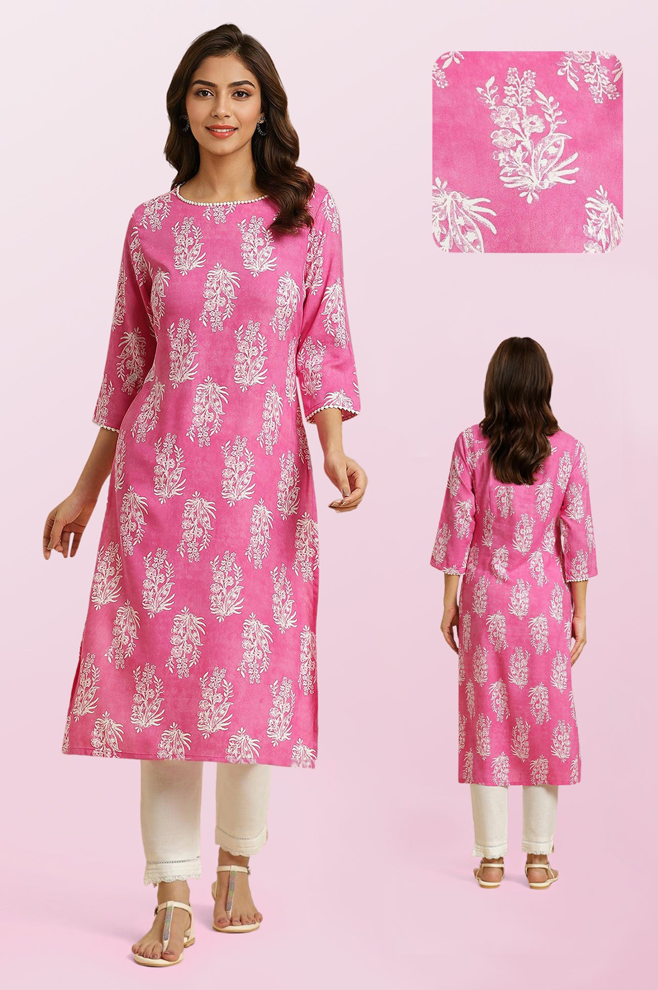 Buy Pink Straight Kurta With Floral Print 1299 W for woman