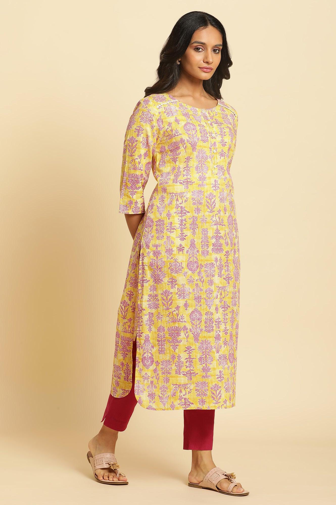 Yellow Floral Printed Straight Kurta - wforwoman
