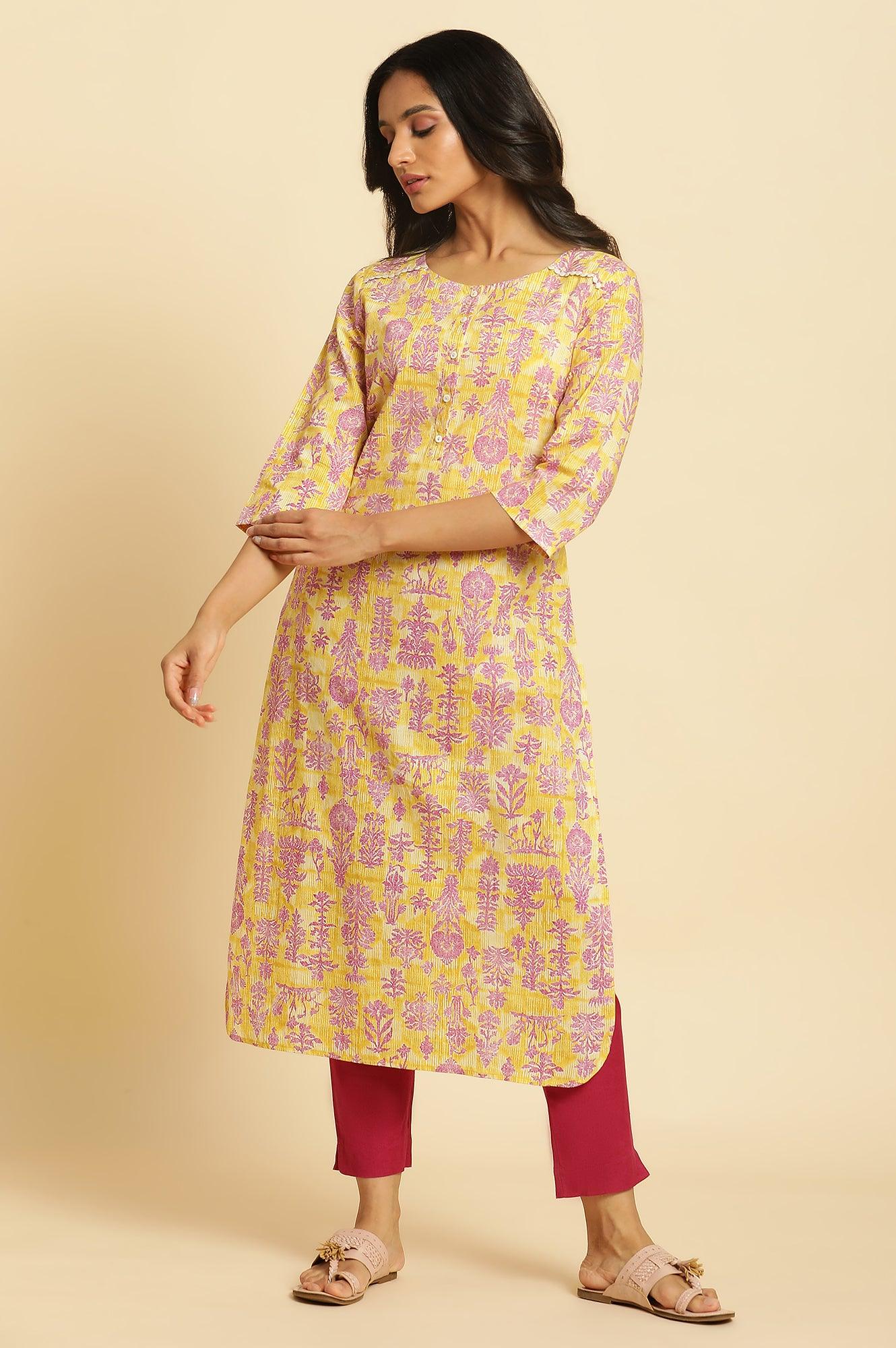 Yellow Floral Printed Straight Kurta - wforwoman