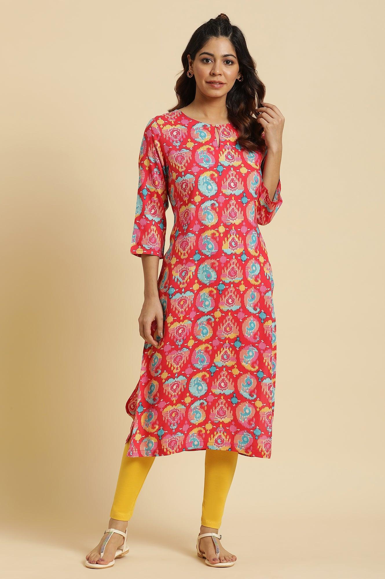 Red Straight Kurta With Multi-Coloured Print - wforwoman