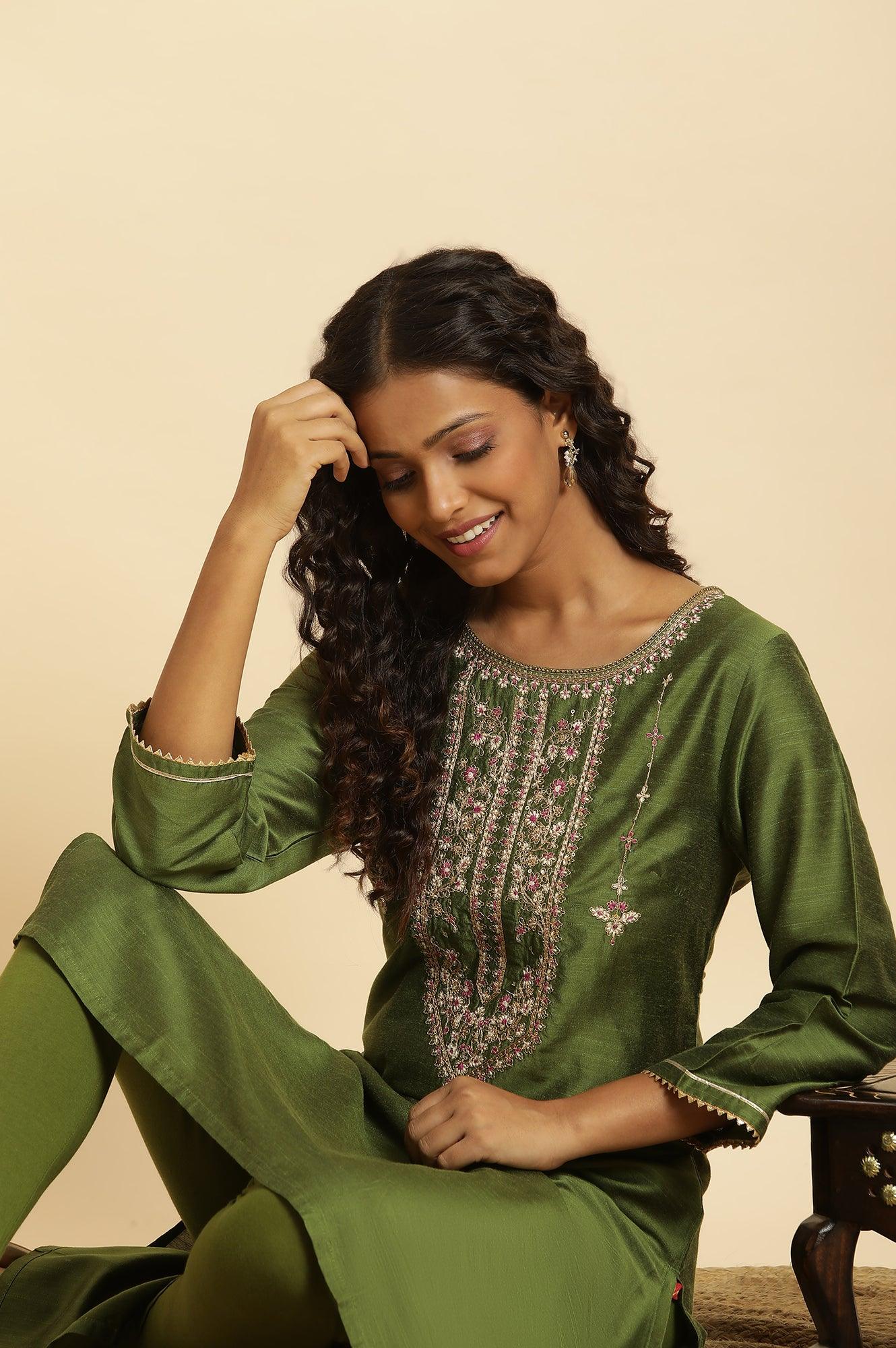Green Zari Embroidered Festive Kurta - wforwoman
