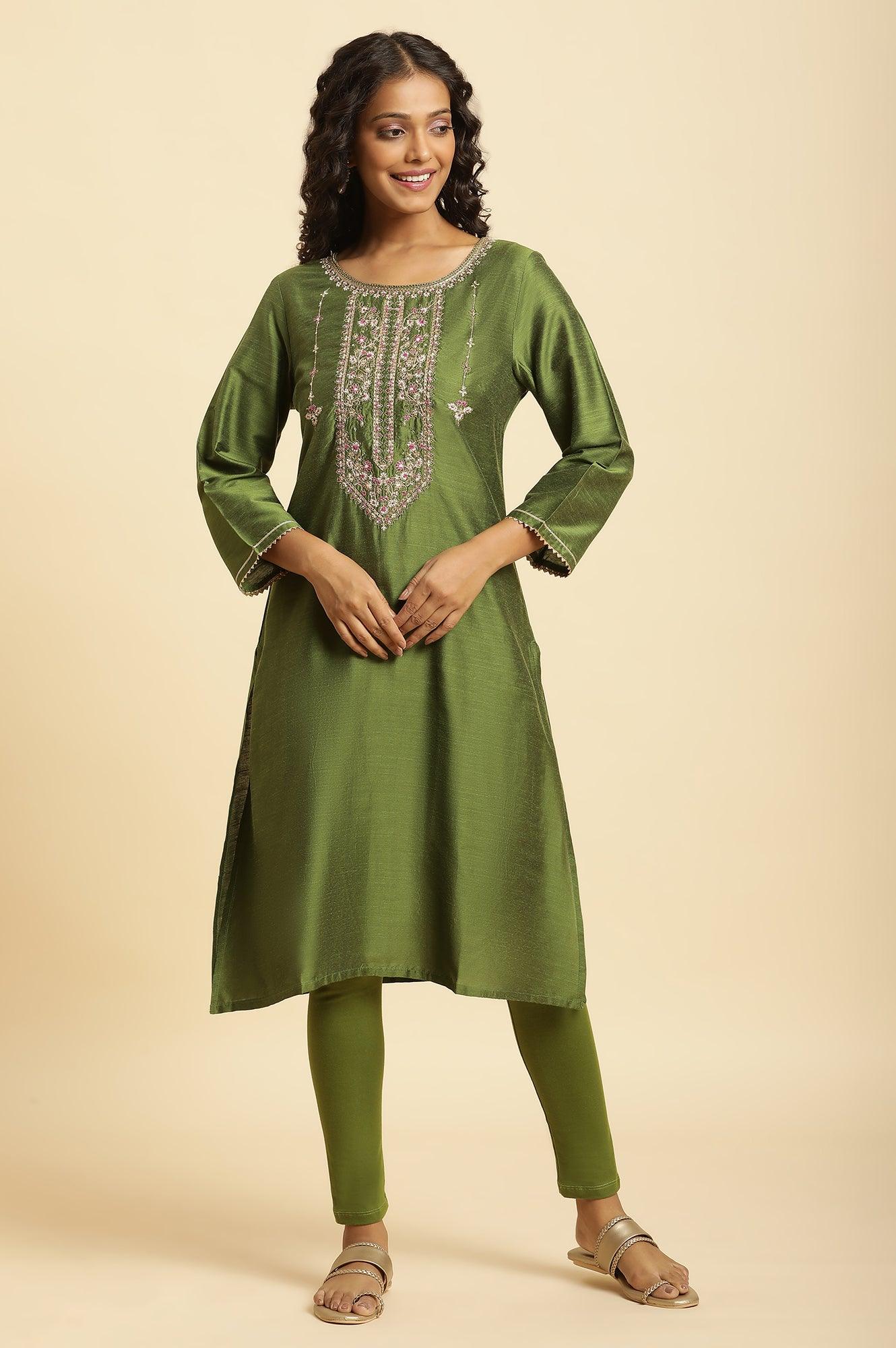 Green Zari Embroidered Festive Kurta - wforwoman
