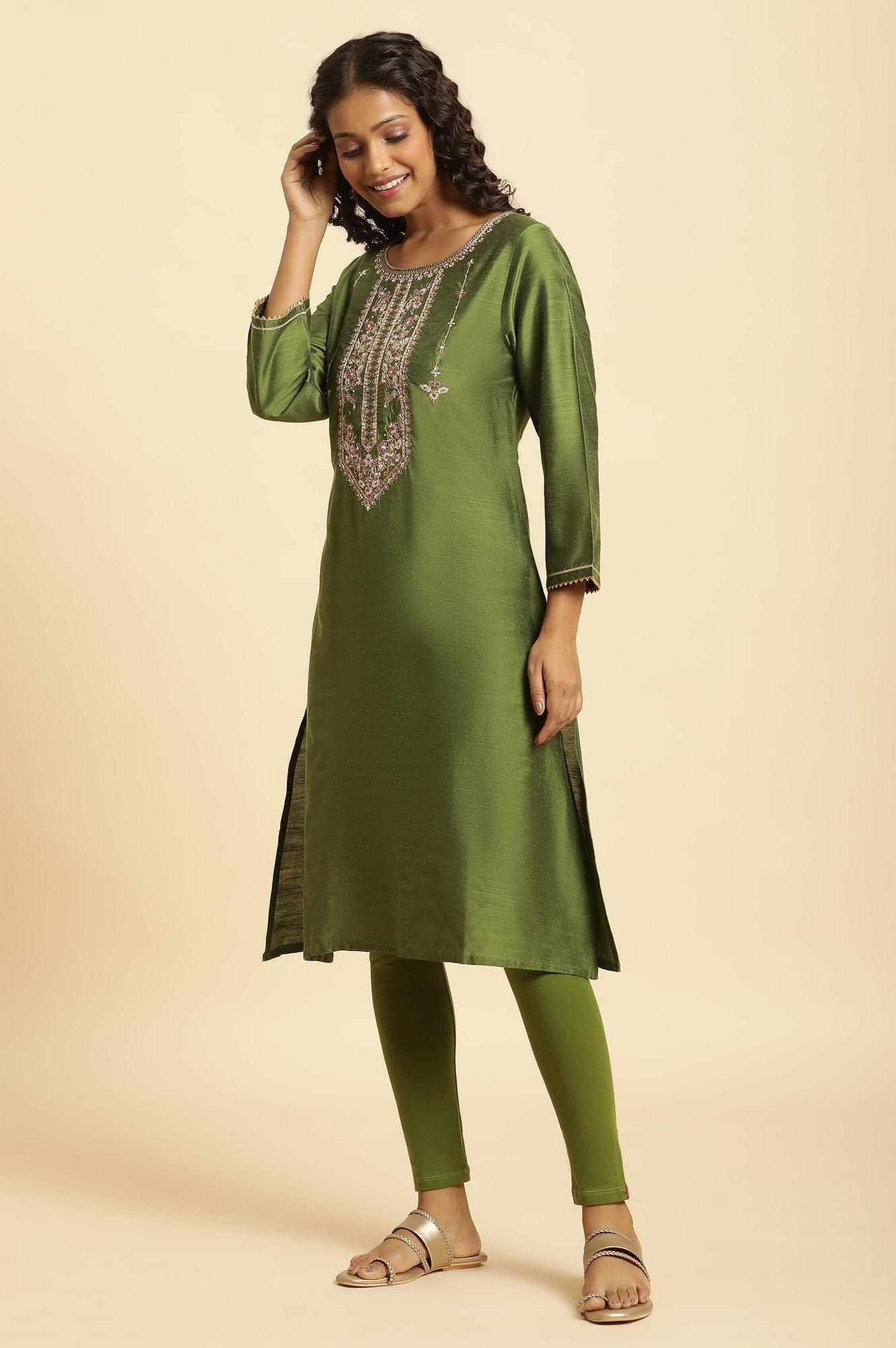 Green Zari Embroidered Festive Kurta - wforwoman