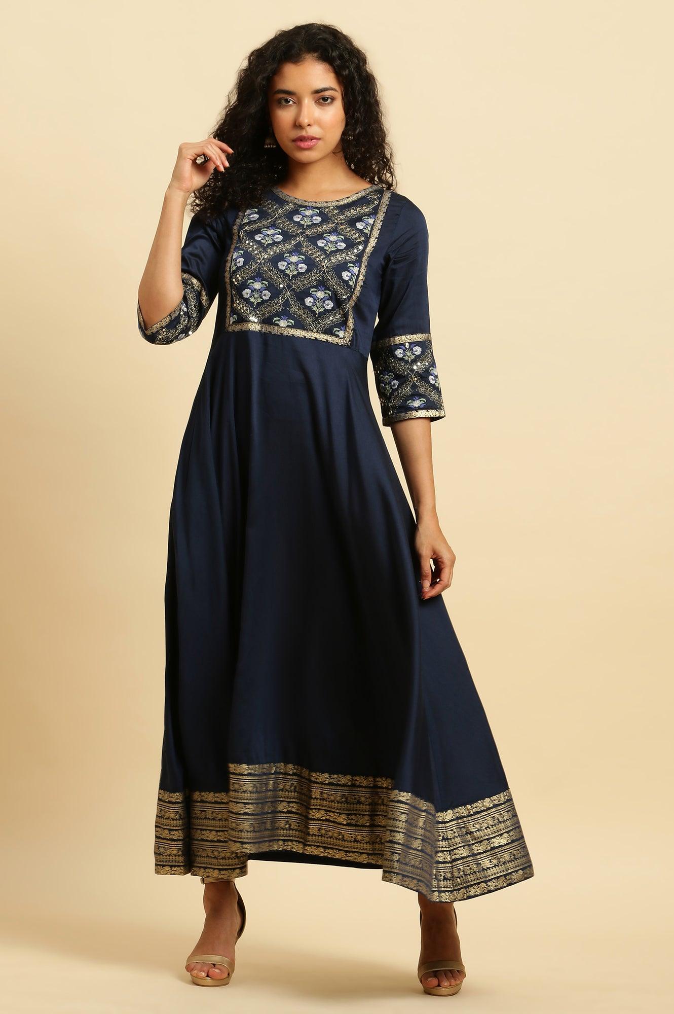 Blue Panelled Embroidered Festive Dress - wforwoman