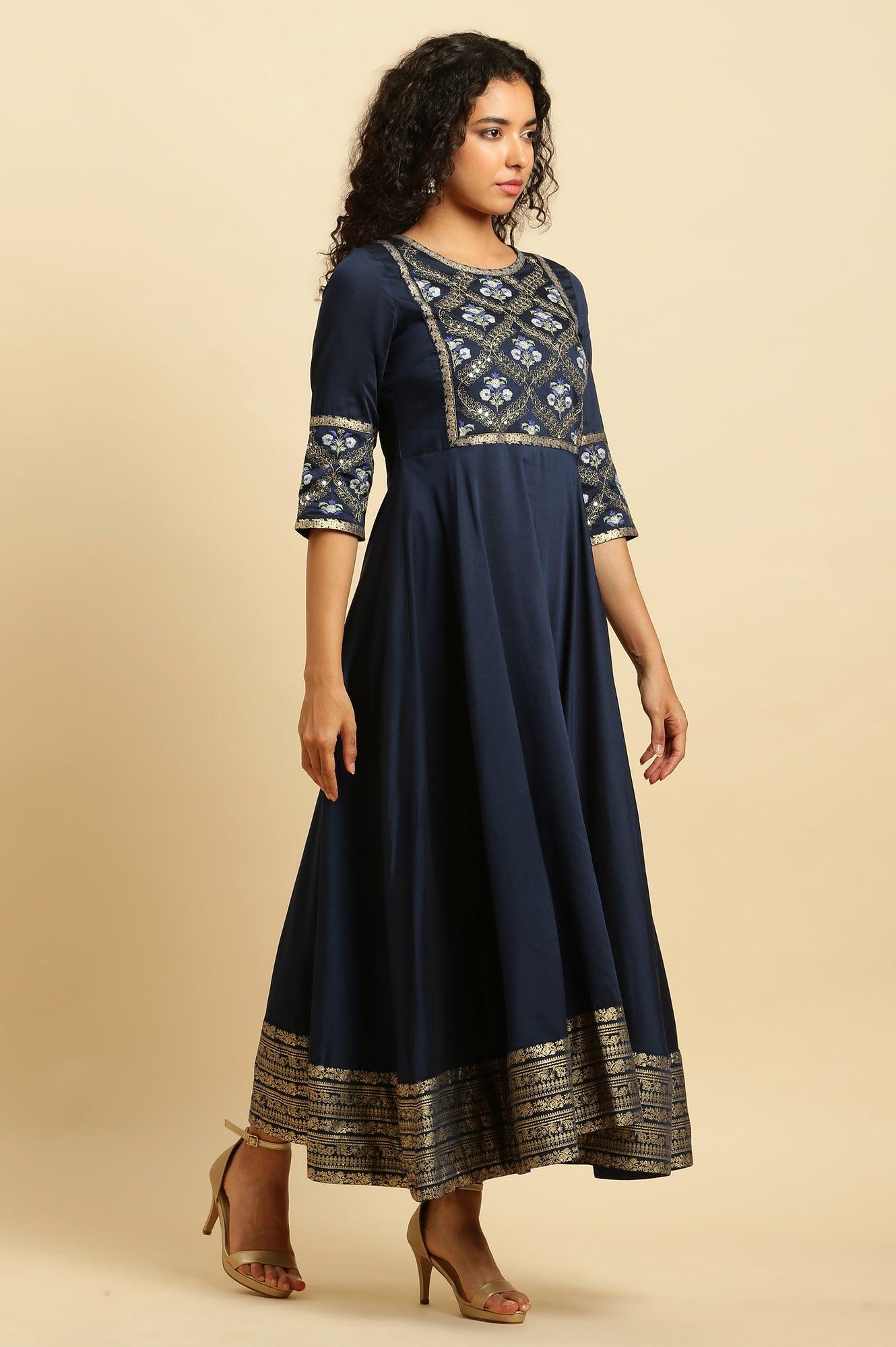 Blue Panelled Embroidered Festive Dress - wforwoman