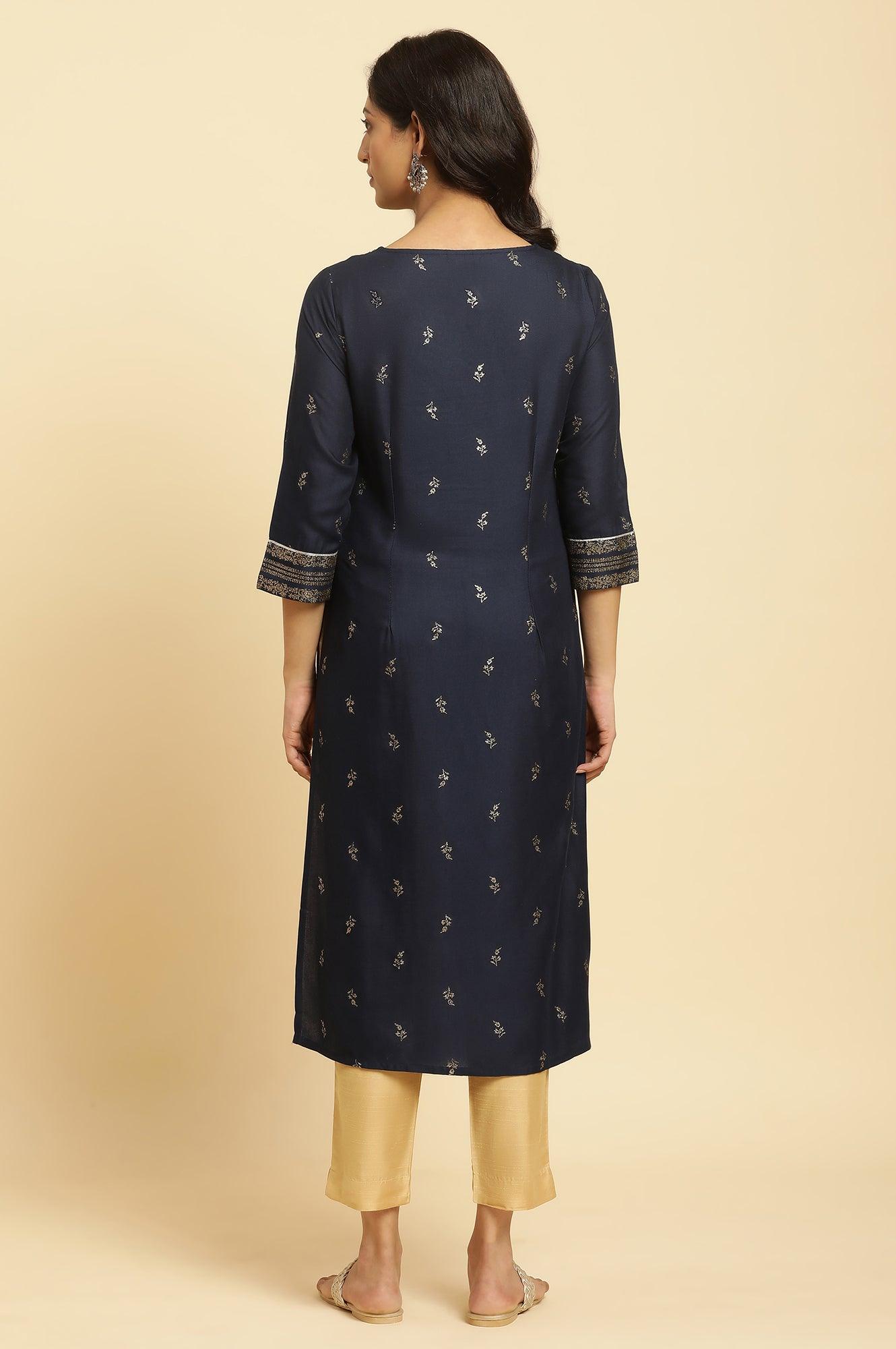 Navy Blue Floral Glitter Printed Kurta - wforwoman