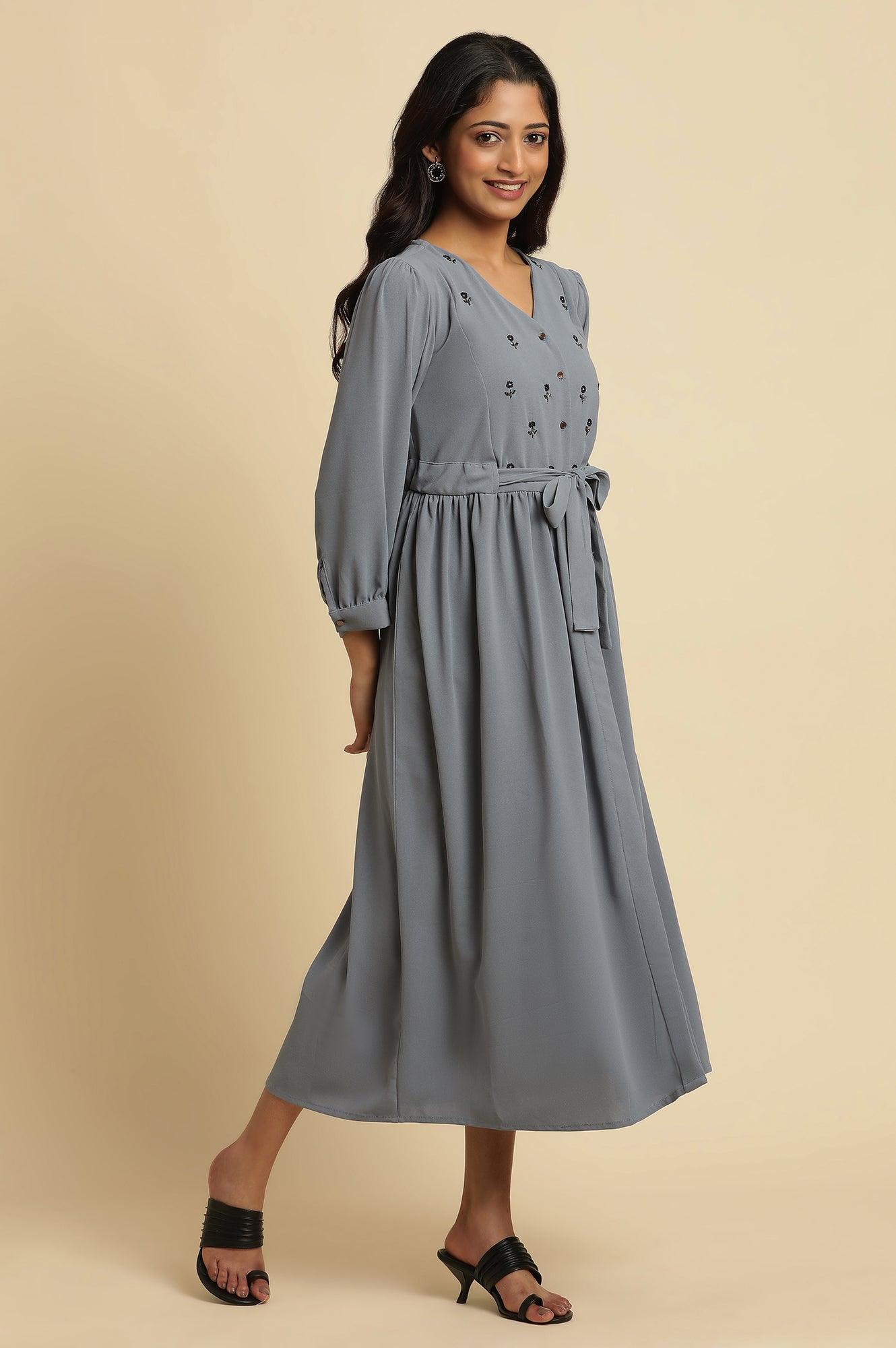 Dusk Blue Embroidered Gathered Dress - wforwoman