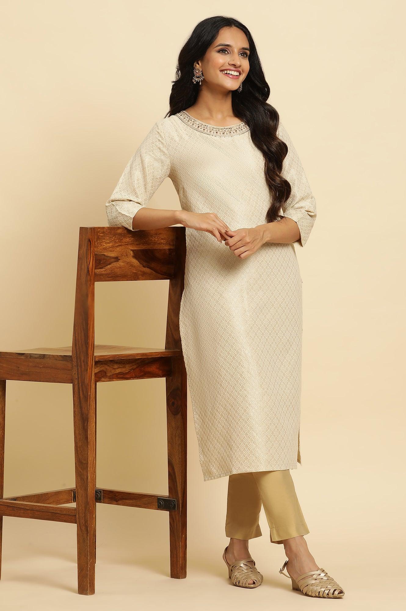 Ecru Dobby Embellished Kurta - wforwoman
