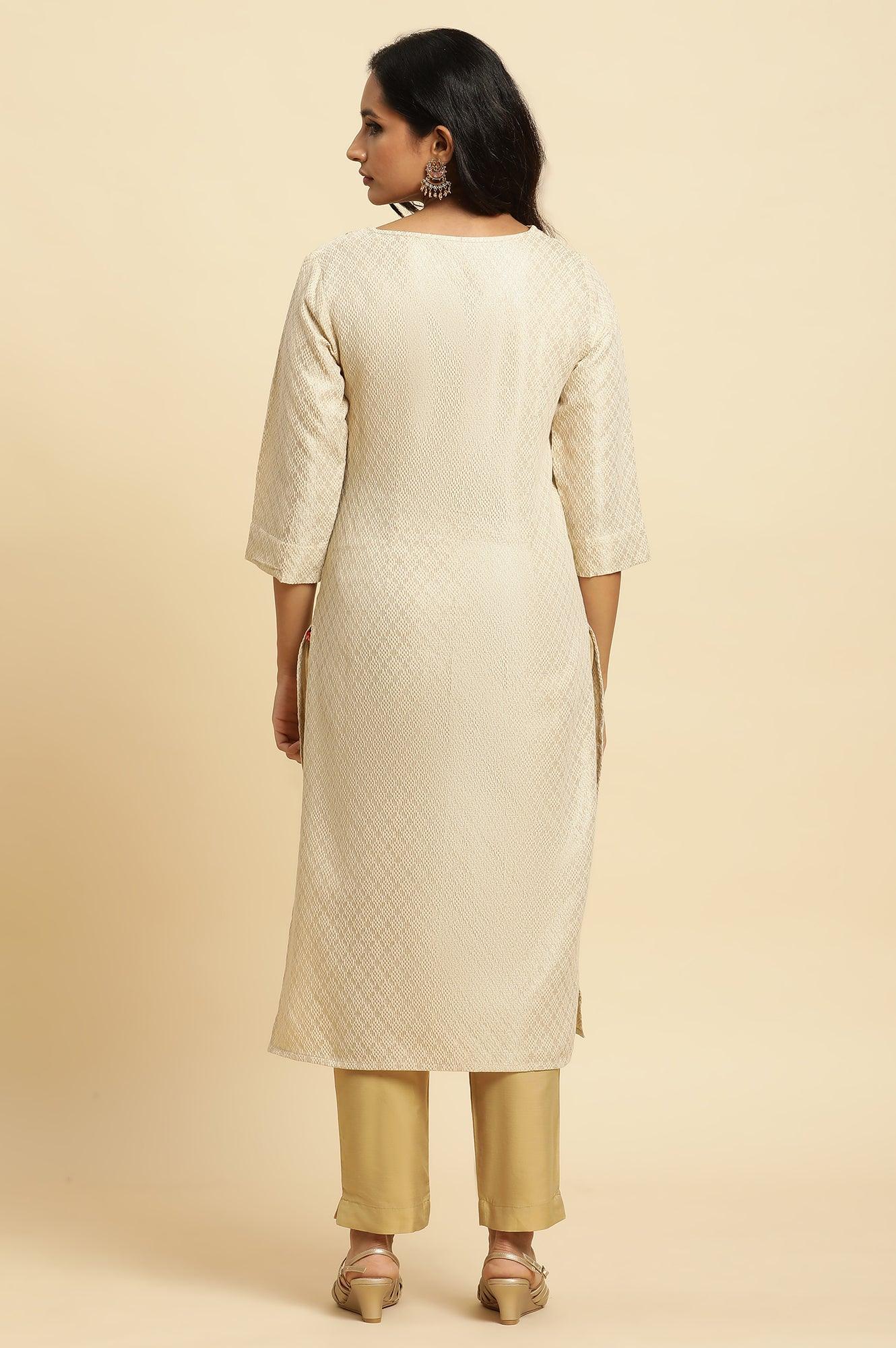 Ecru Dobby Embellished Kurta - wforwoman