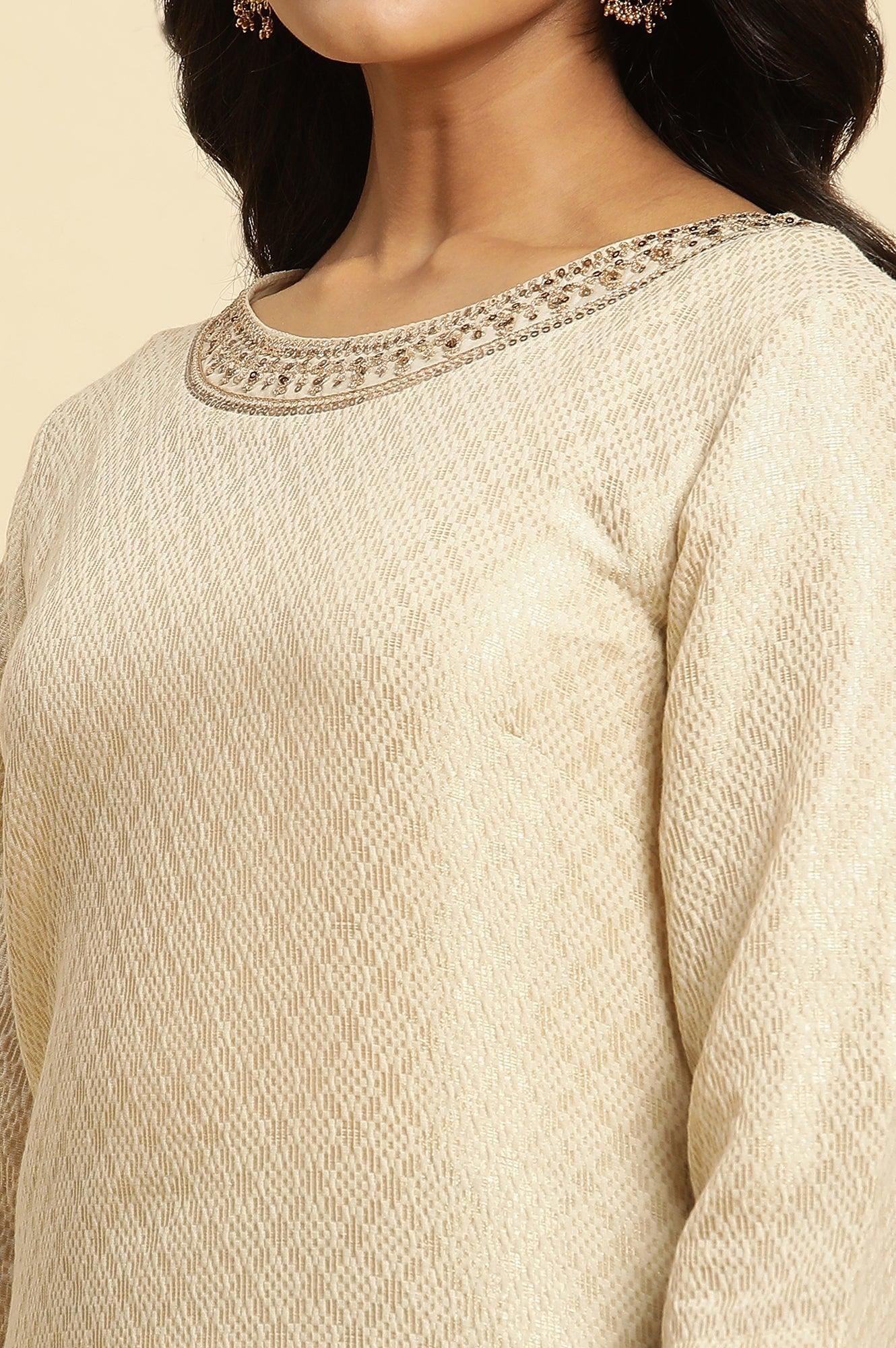 Ecru Dobby Embellished Kurta - wforwoman