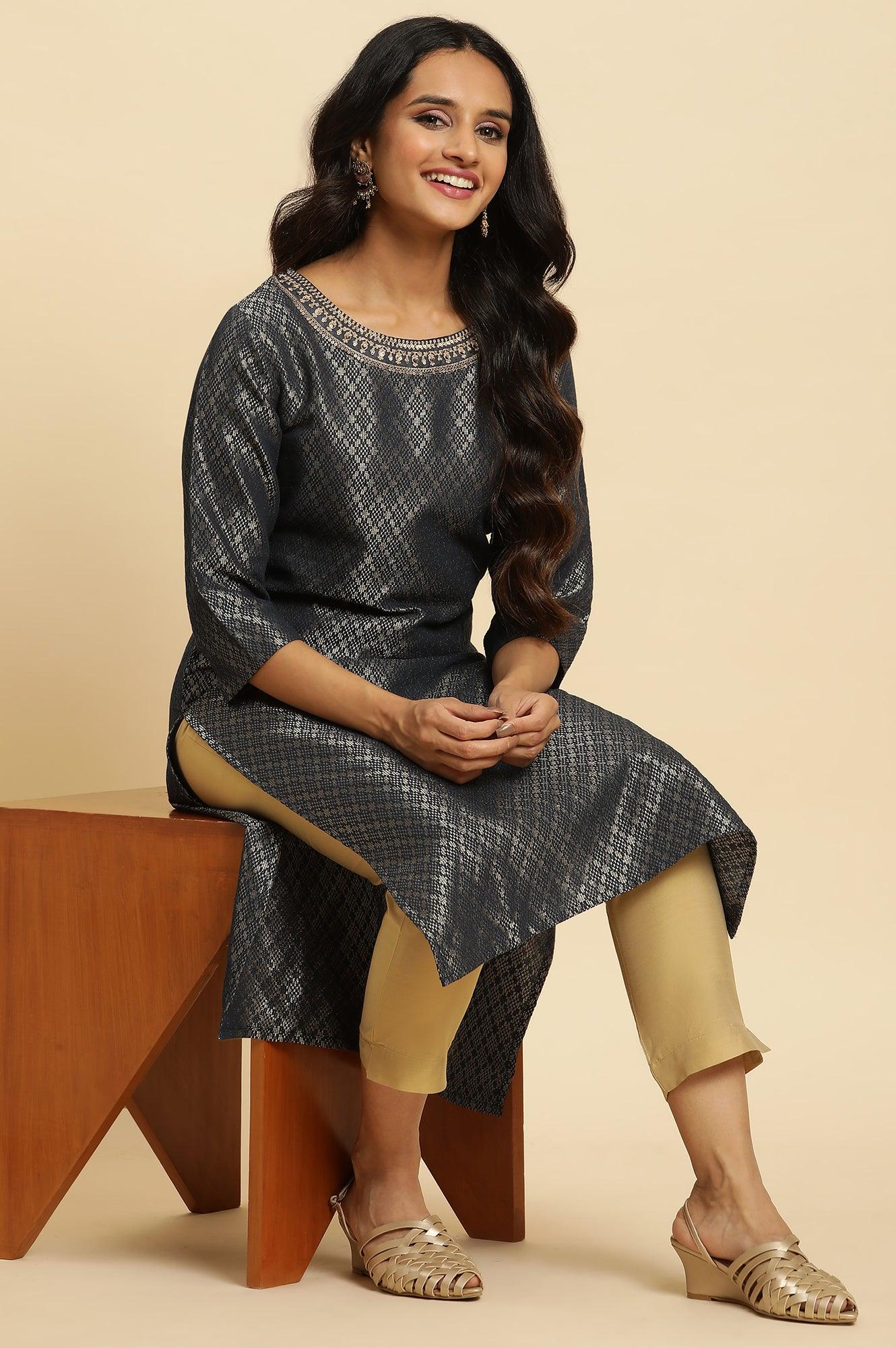 Dark Grey Dobby Embellished Kurta - wforwoman