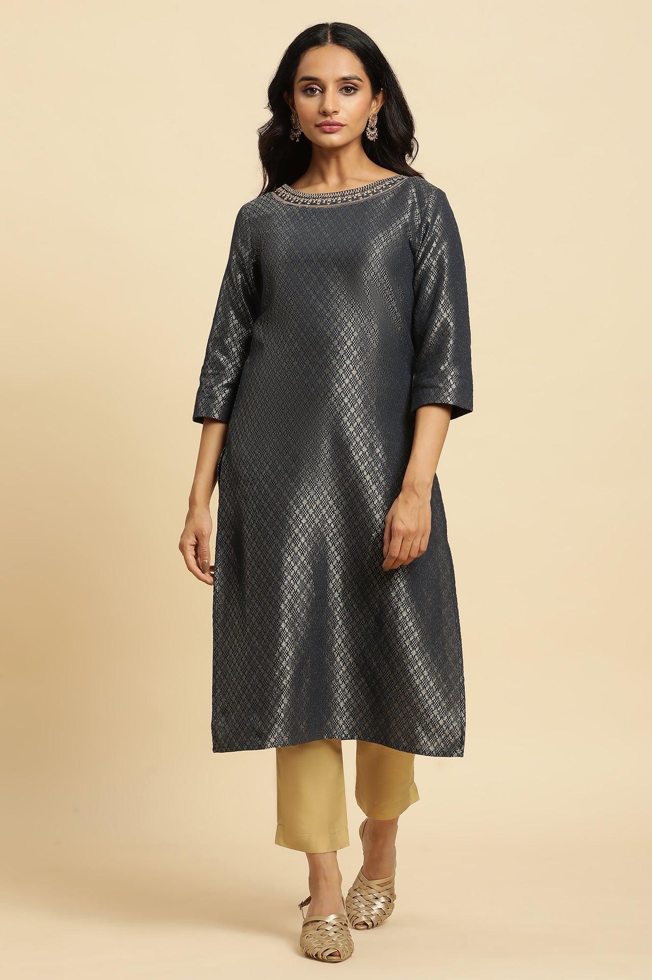 Dark Grey Dobby Embellished Kurta - wforwoman