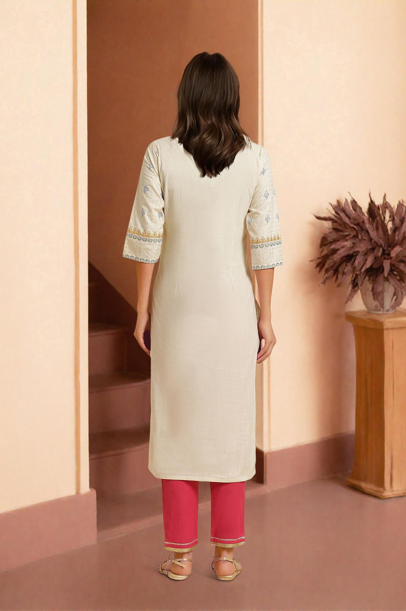 White Ethnic Motif Pure Cotton Straight Kurta