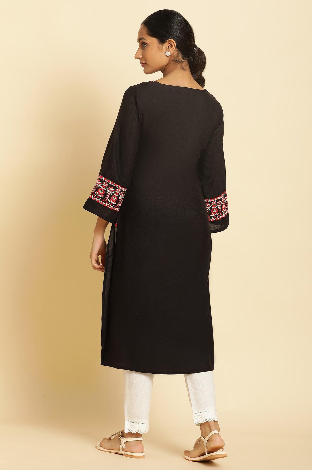 Black A-Line Embroidered Kurta - wforwoman