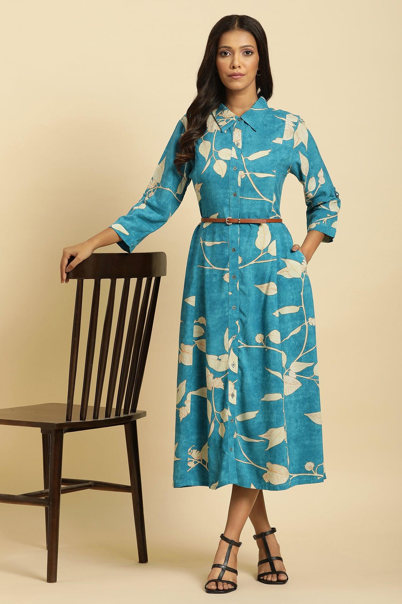 Buy Blue Long Shirt Dress In Abstract Print Online for Woman
