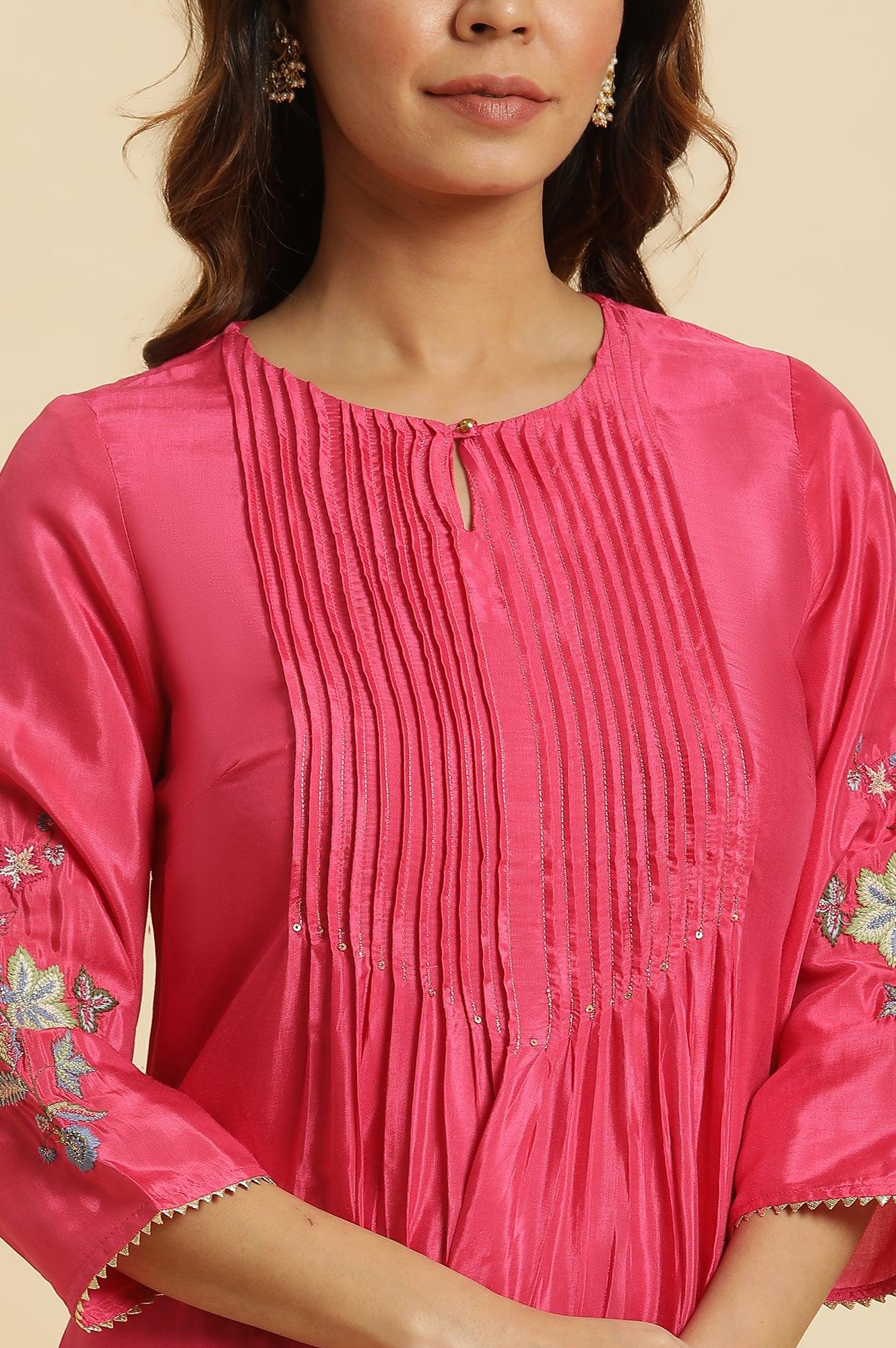 Pink Floral Embroidered Festive Kurta - wforwoman