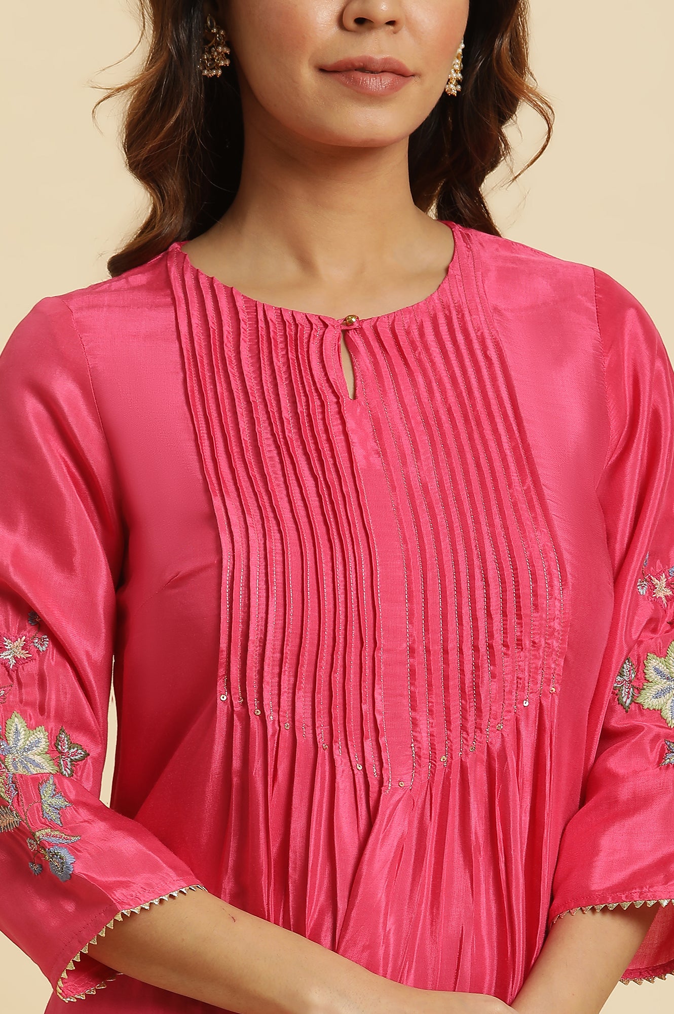 Pink Floral Embroidered Festive Kurta - wforwoman