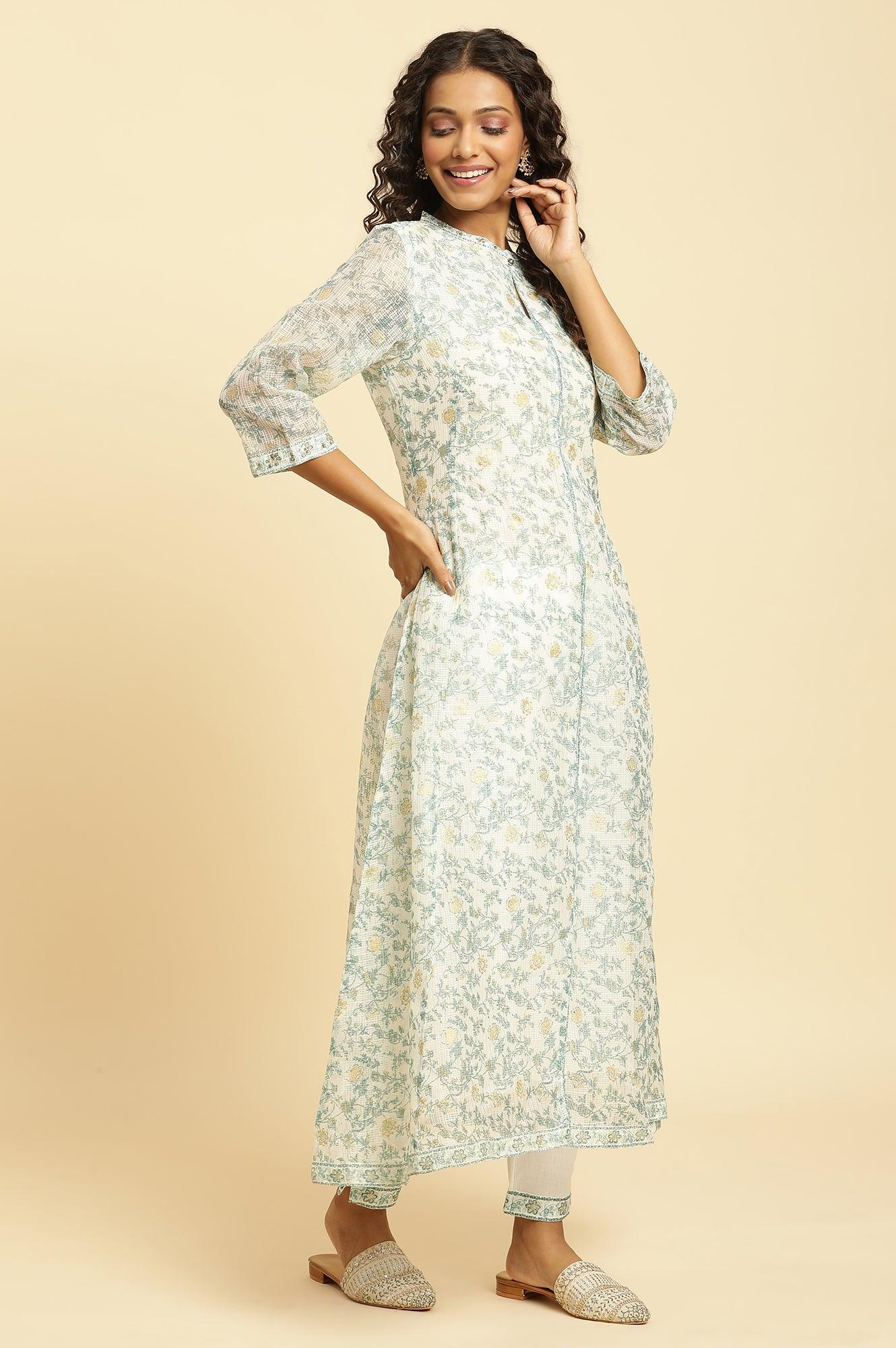 Ecru Kota Kurta With Green Floral Print - wforwoman