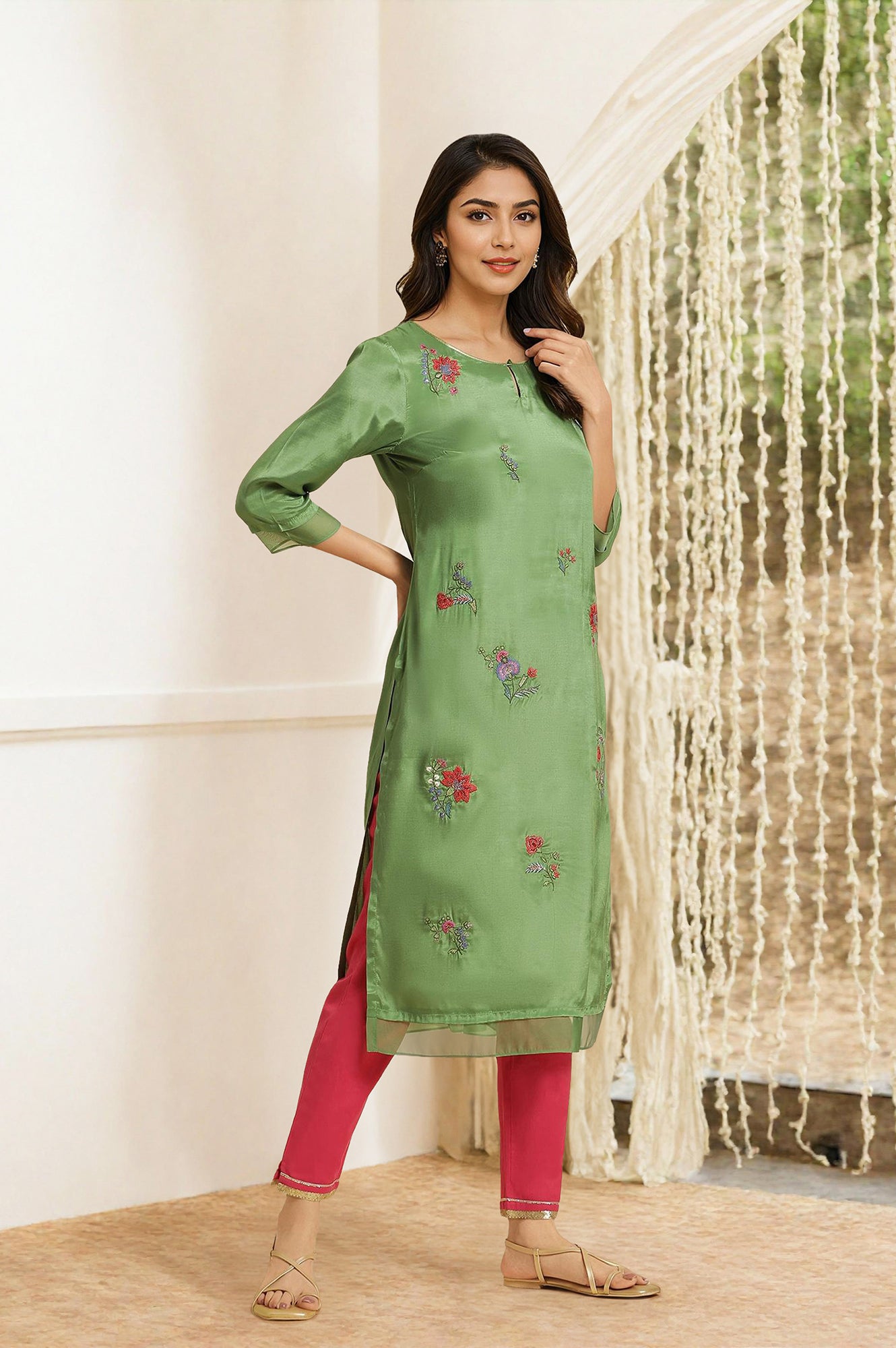 Green Embroidered Shantung Straight Festive Kurta